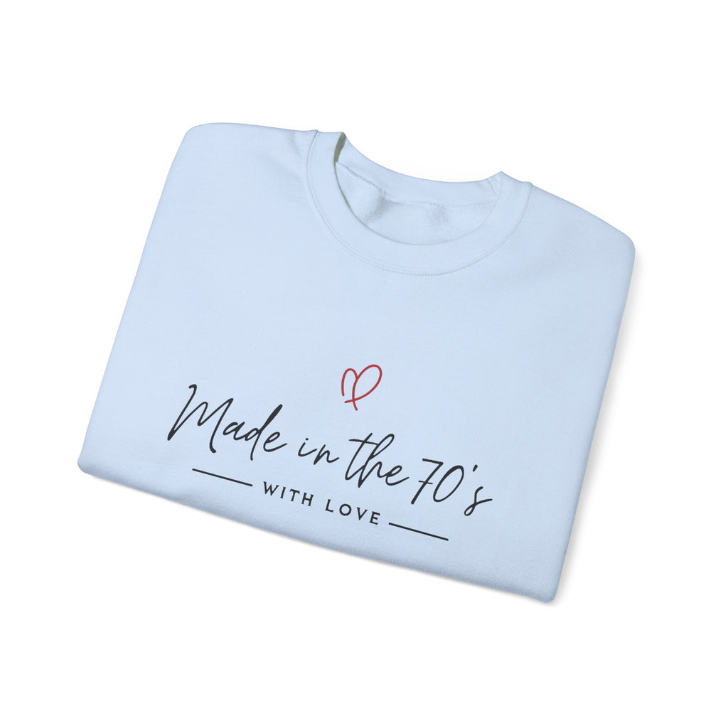 Unisex crewneck sweatshirt, light blue with “Made in the 70’s” heart graphic