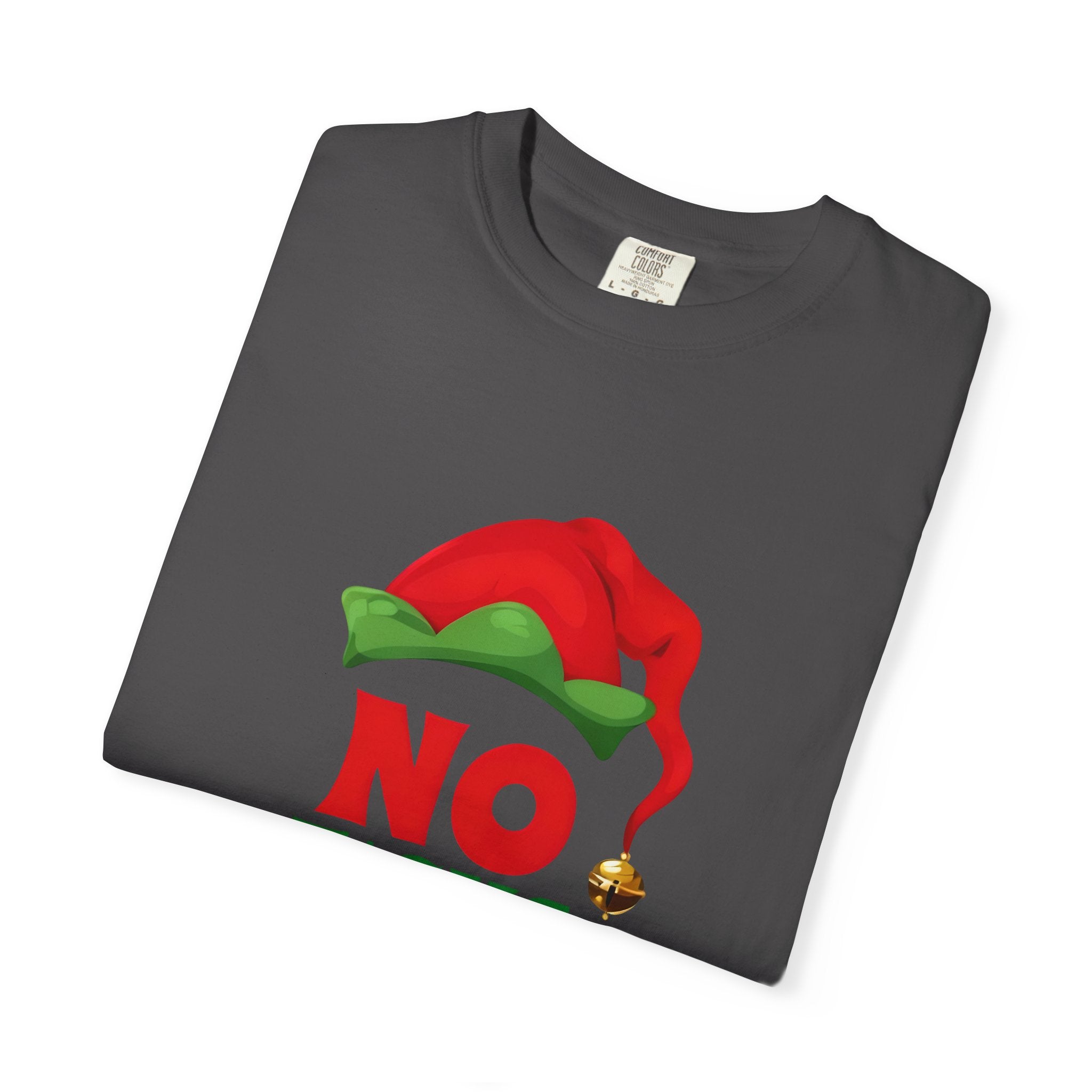 Graphite t-shirt folded flat, showing elf hat and “No F*cks Given” design
