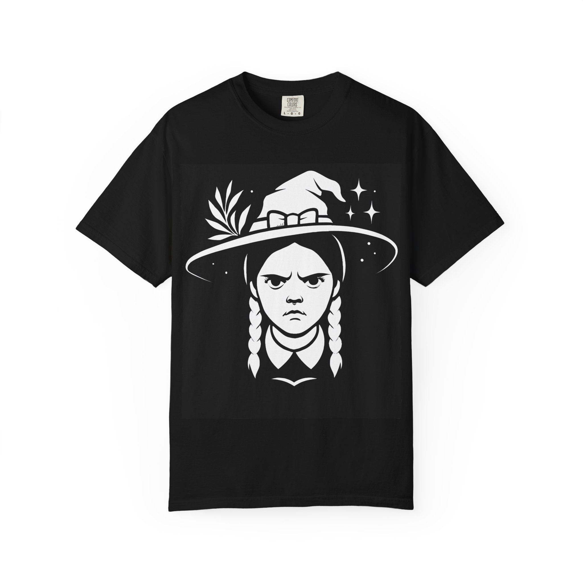 Black crewneck T-shirt with centered white witch portrait under hat and stars