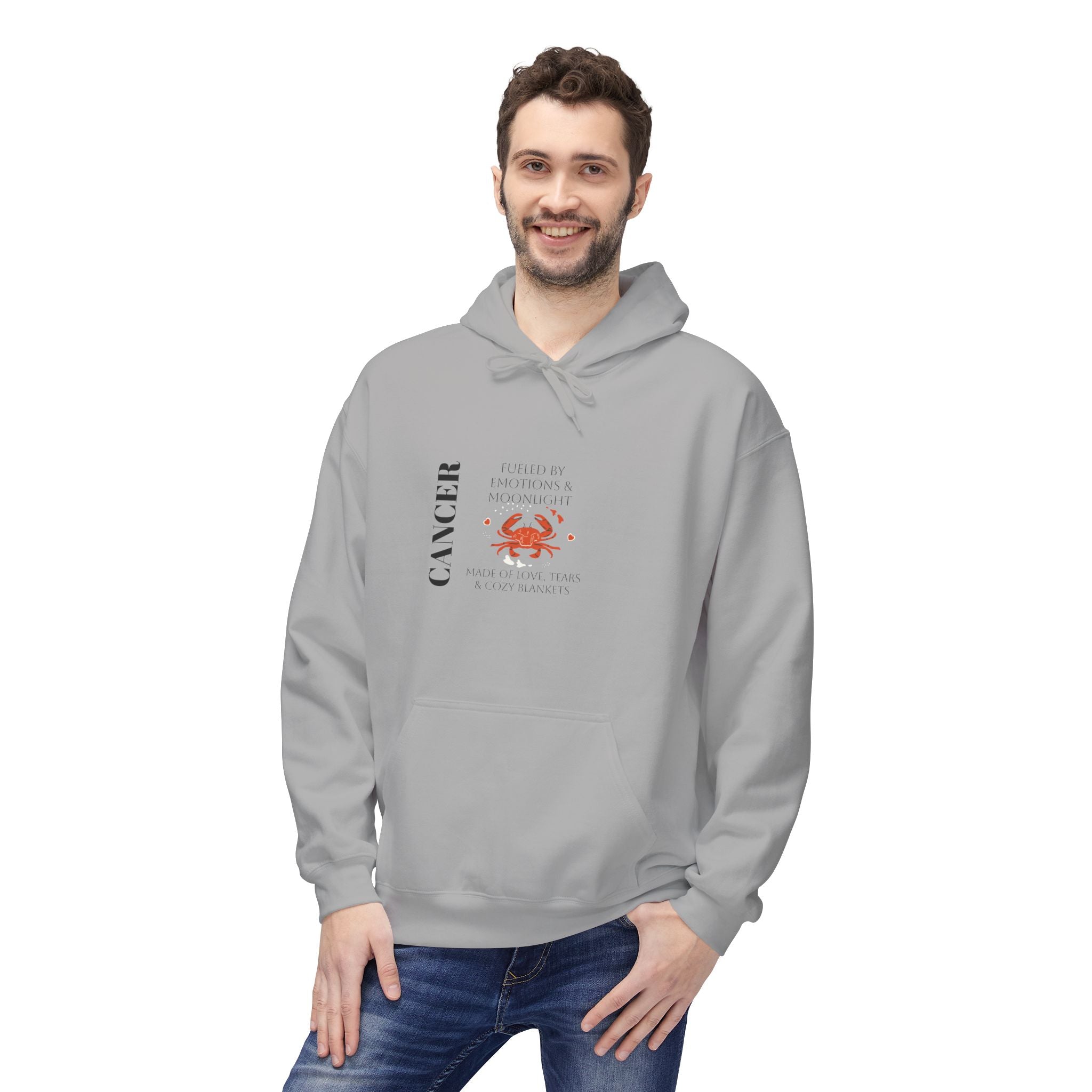 Gray hoodie on male model, front Cancer crab graphic and kangaroo pocket