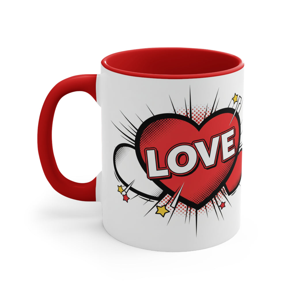 White mug with red handle and rim, red heart LOVE logo with comic burst