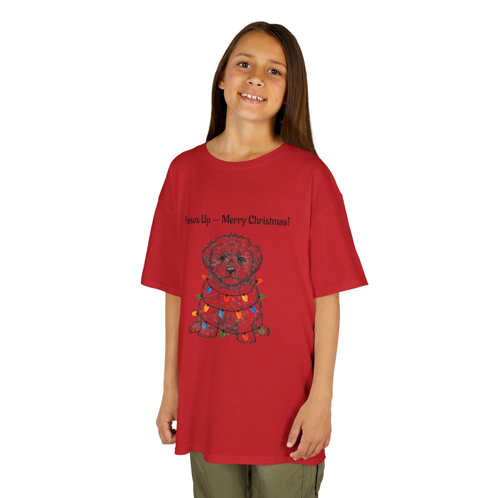 Kids red T-shirt worn by child, with Paw-sit dog Christmas graphic and text
