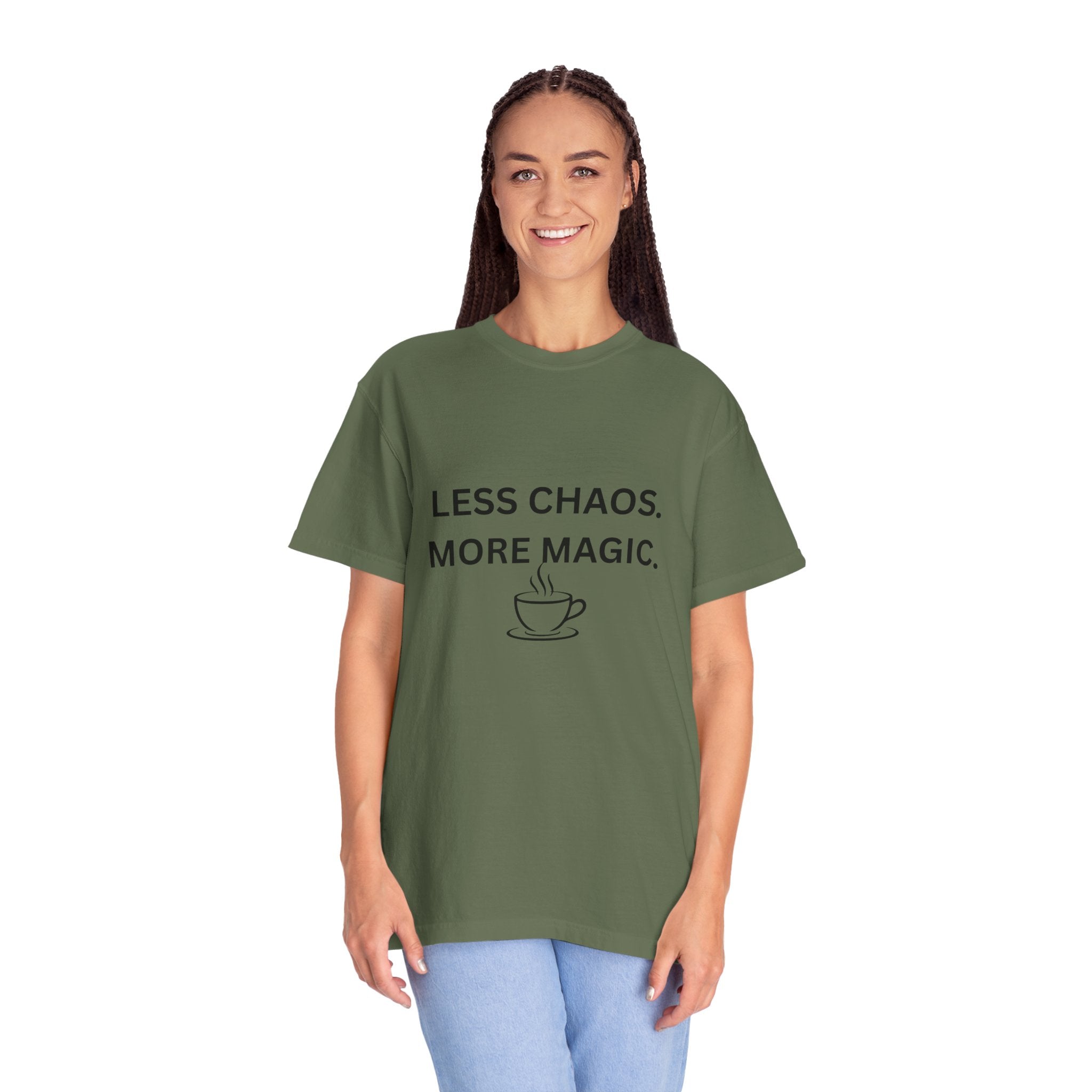 Less Chaos, More Magic T-Shirt — Cozy Coffee Cup Graphic Tee
