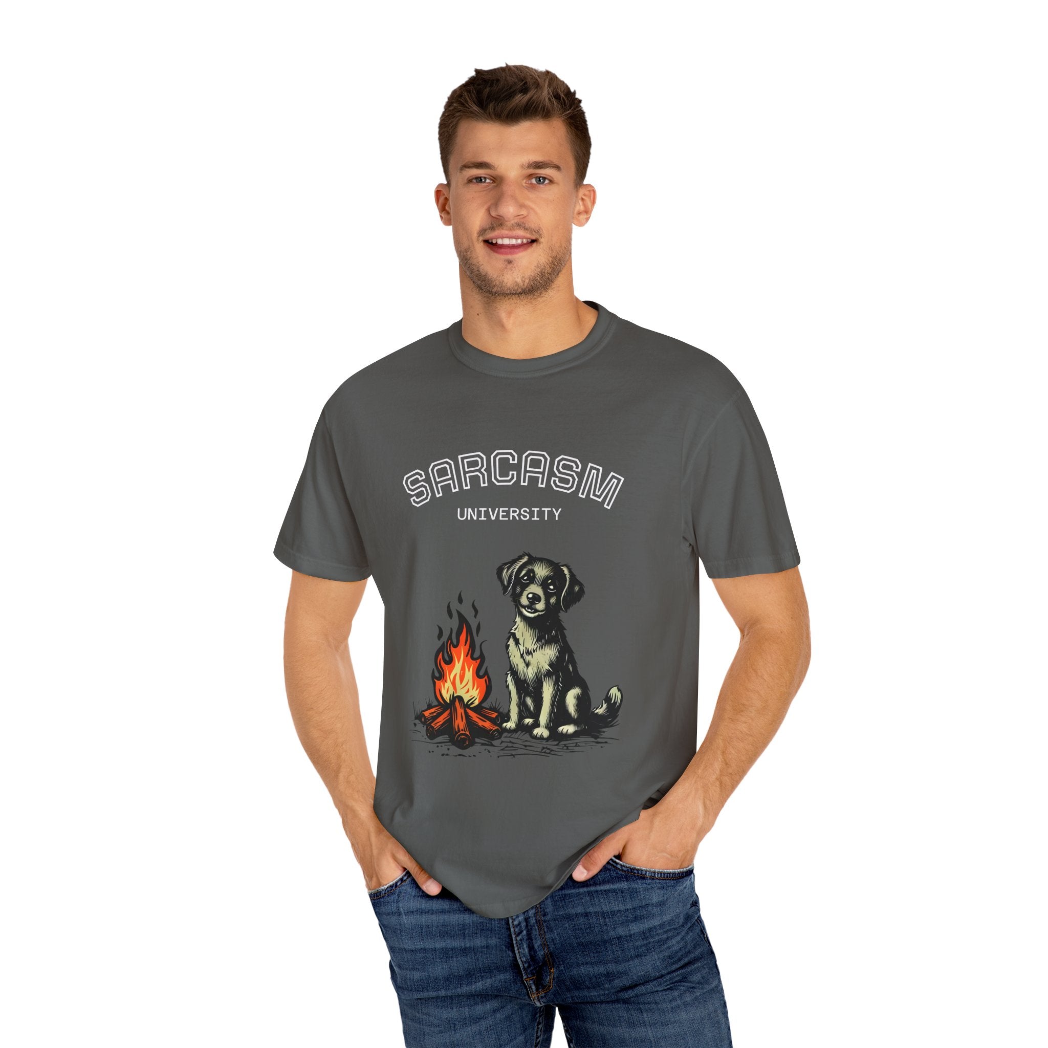 Sarcasm University, Hot Dog Unisex T-Shirt - Perfect for Dog Lovers, Quirky, Cozy Nights, Gifts for Pet Parents, Summer Camp Tee