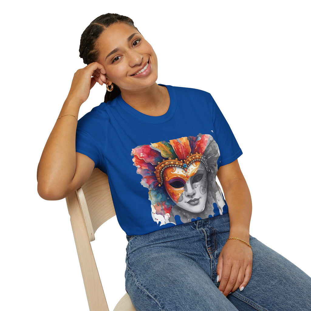 Royal blue T-shirt with colorful masquerade mask face graphic on front