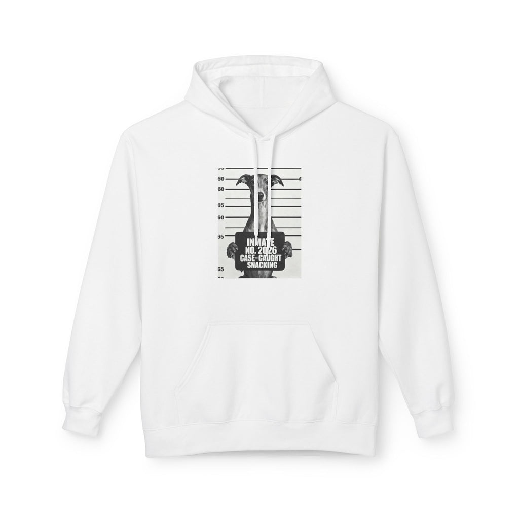 White pullover hoodie with kangaroo pocket and front dog mugshot graphic