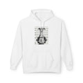 White pullover hoodie with kangaroo pocket and front dog mugshot graphic