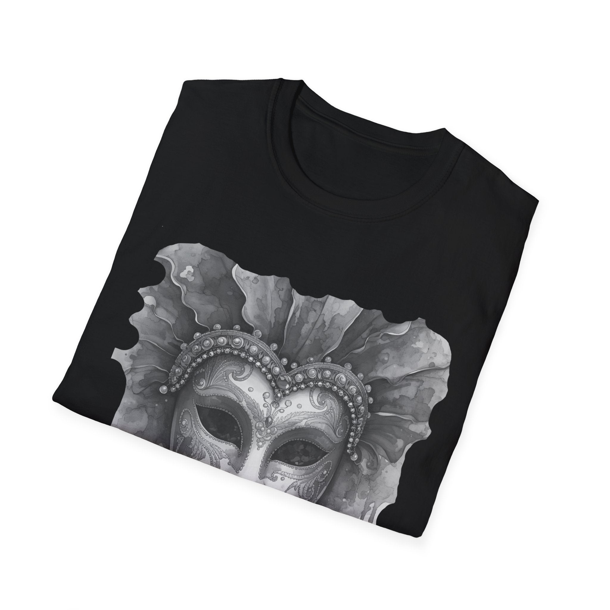 Black crewneck t-shirt with large grey masquerade face mask watercolor graphic