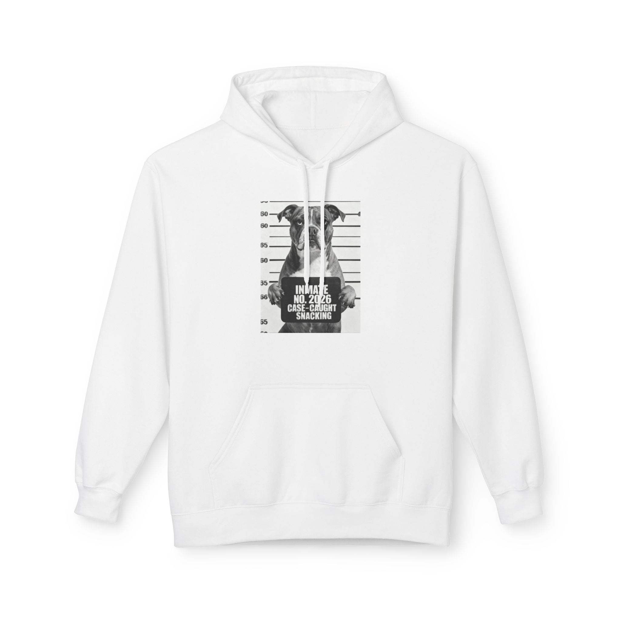 White hoodie with drawstring hood and kangaroo pocket, dog mugshot graphic on center chest.