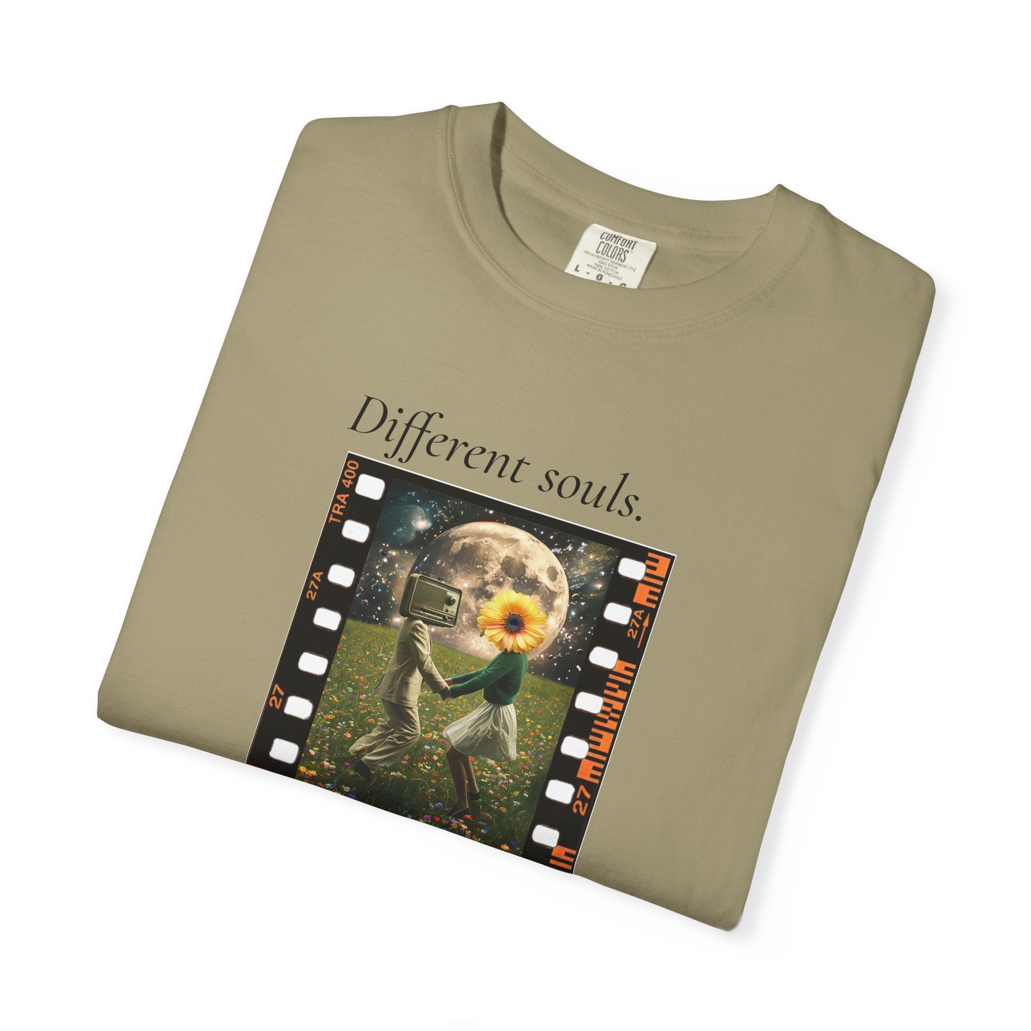 Olive crew-neck short-sleeve tee with front filmstrip sunflower graphic