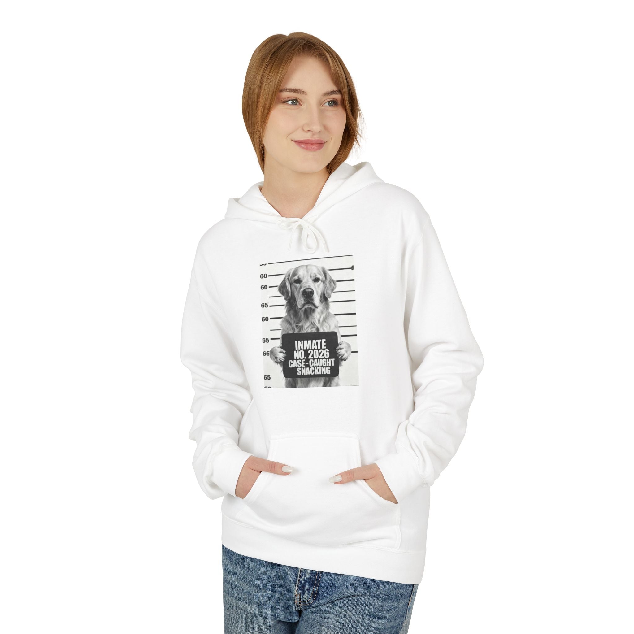 White hoodie with hood and kangaroo pocket, front graphic retriever with “INMATE NO. 2026”