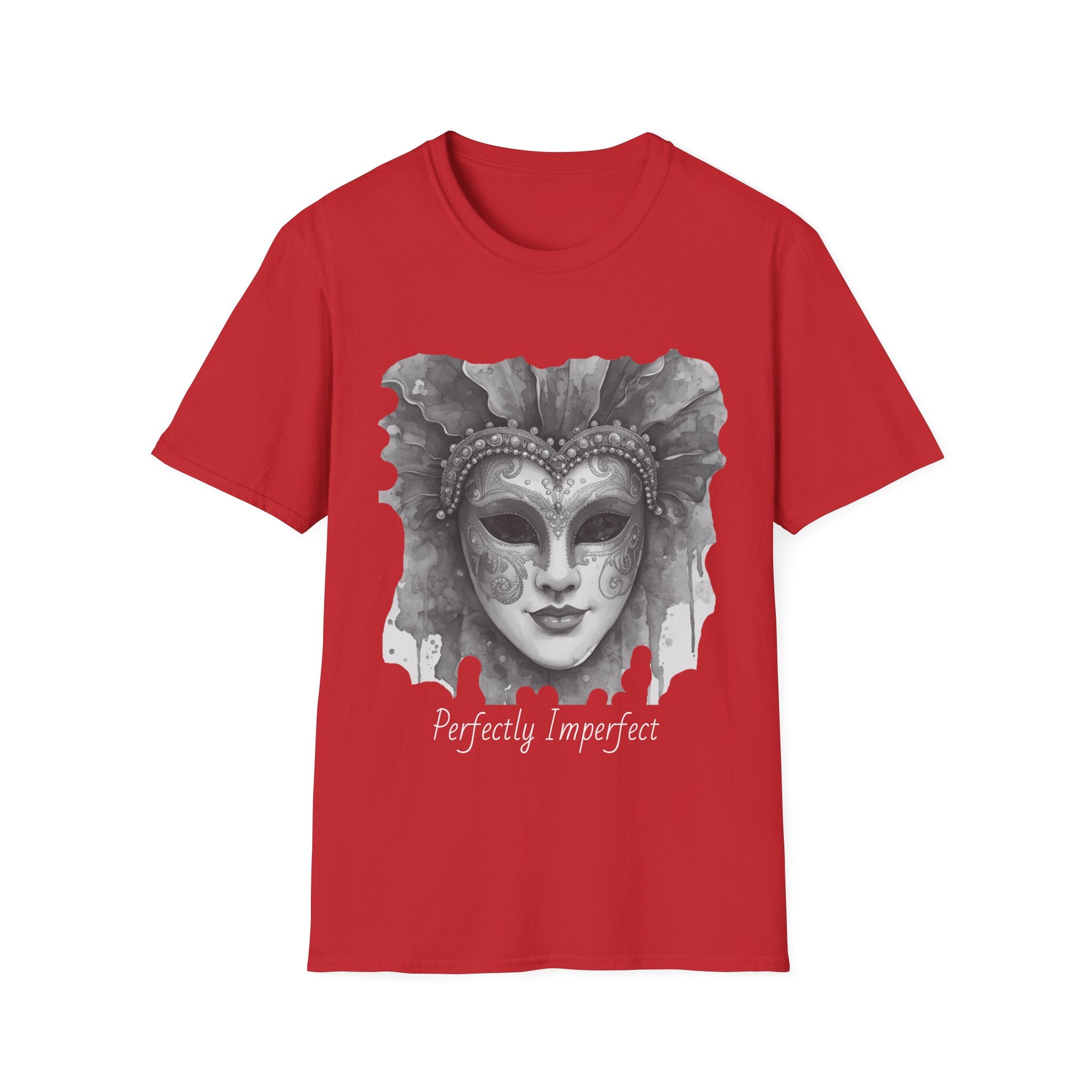 Red t-shirt with watercolor mask face graphic and script "Perfectly Imperfect"