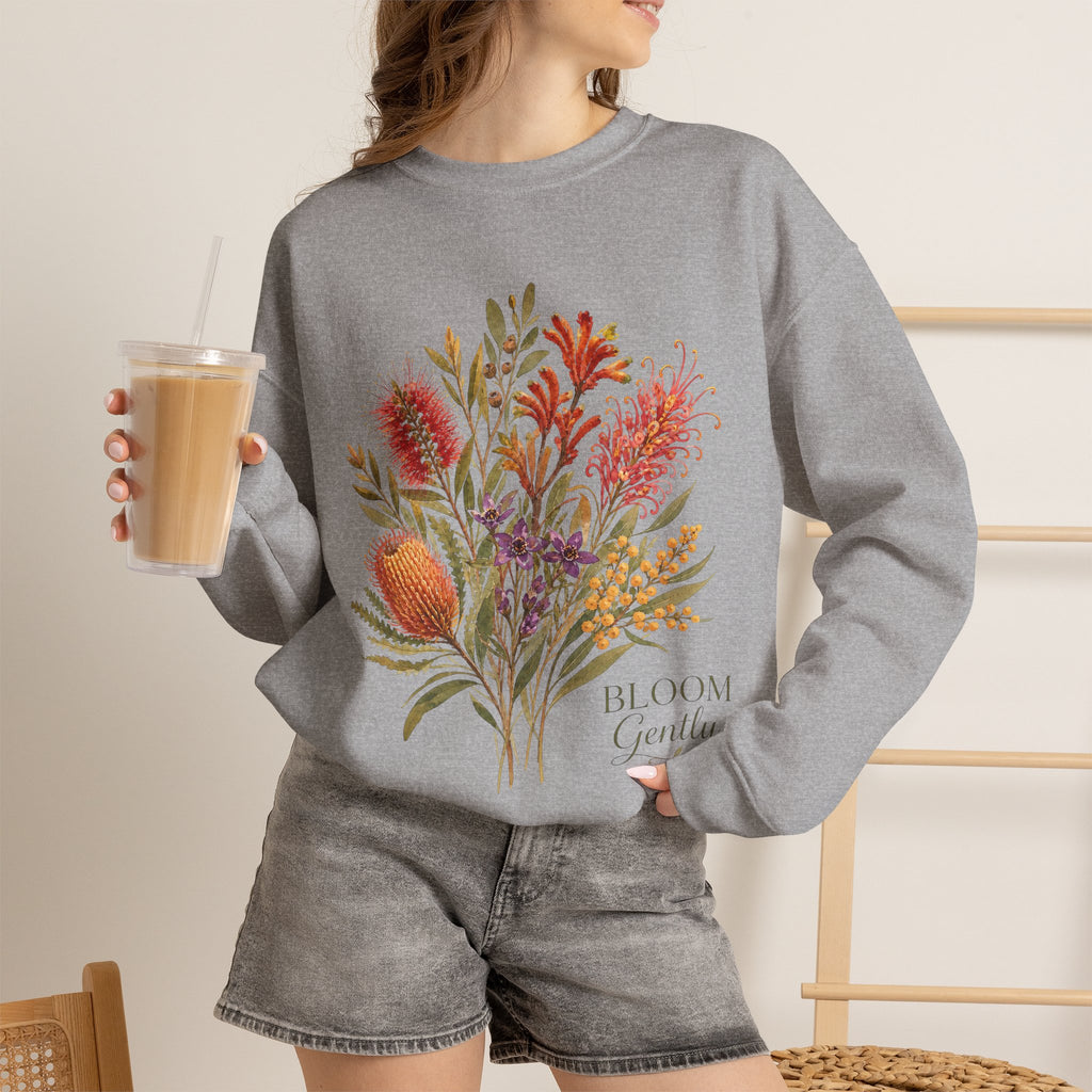 Sport grey crewneck sweatshirt with floral bouquet print and text "Bloom Gently"
