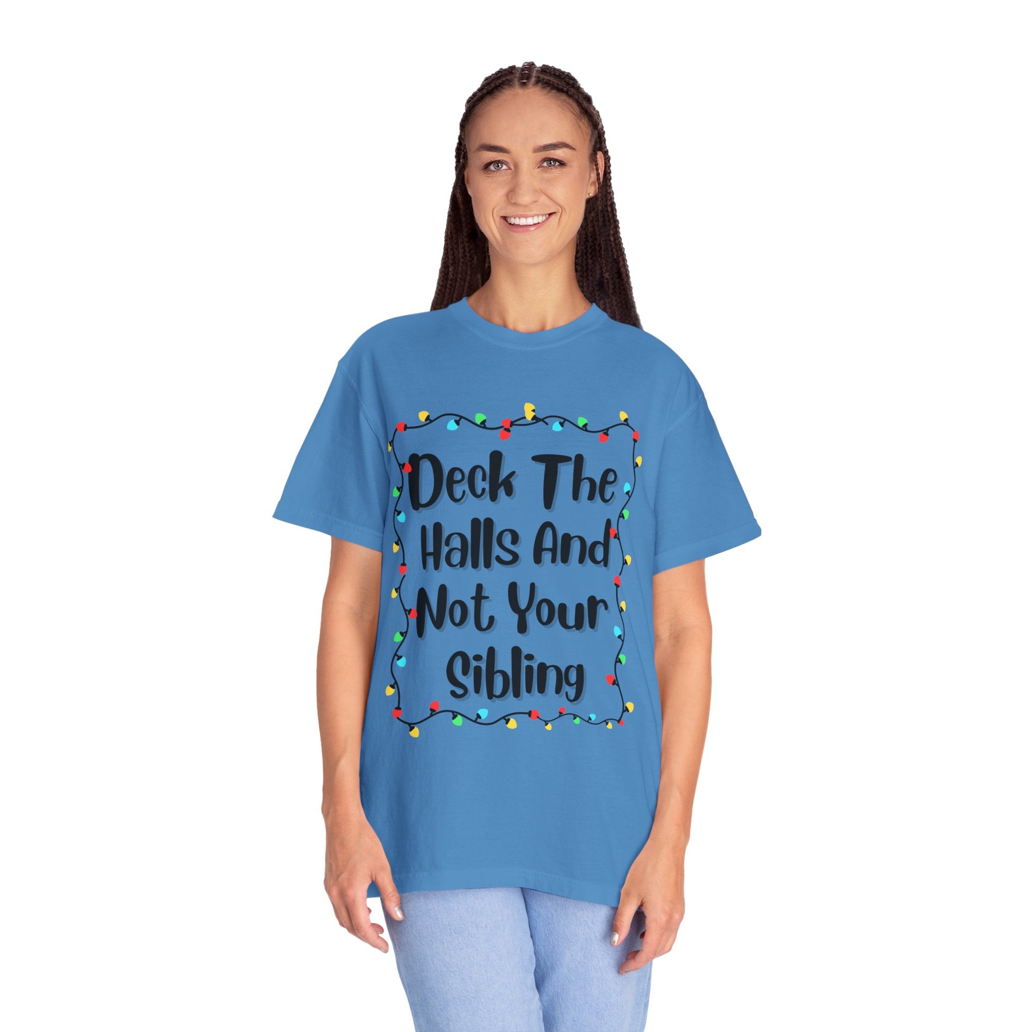 Blue crewneck T-shirt on model with front holiday lights slogan print