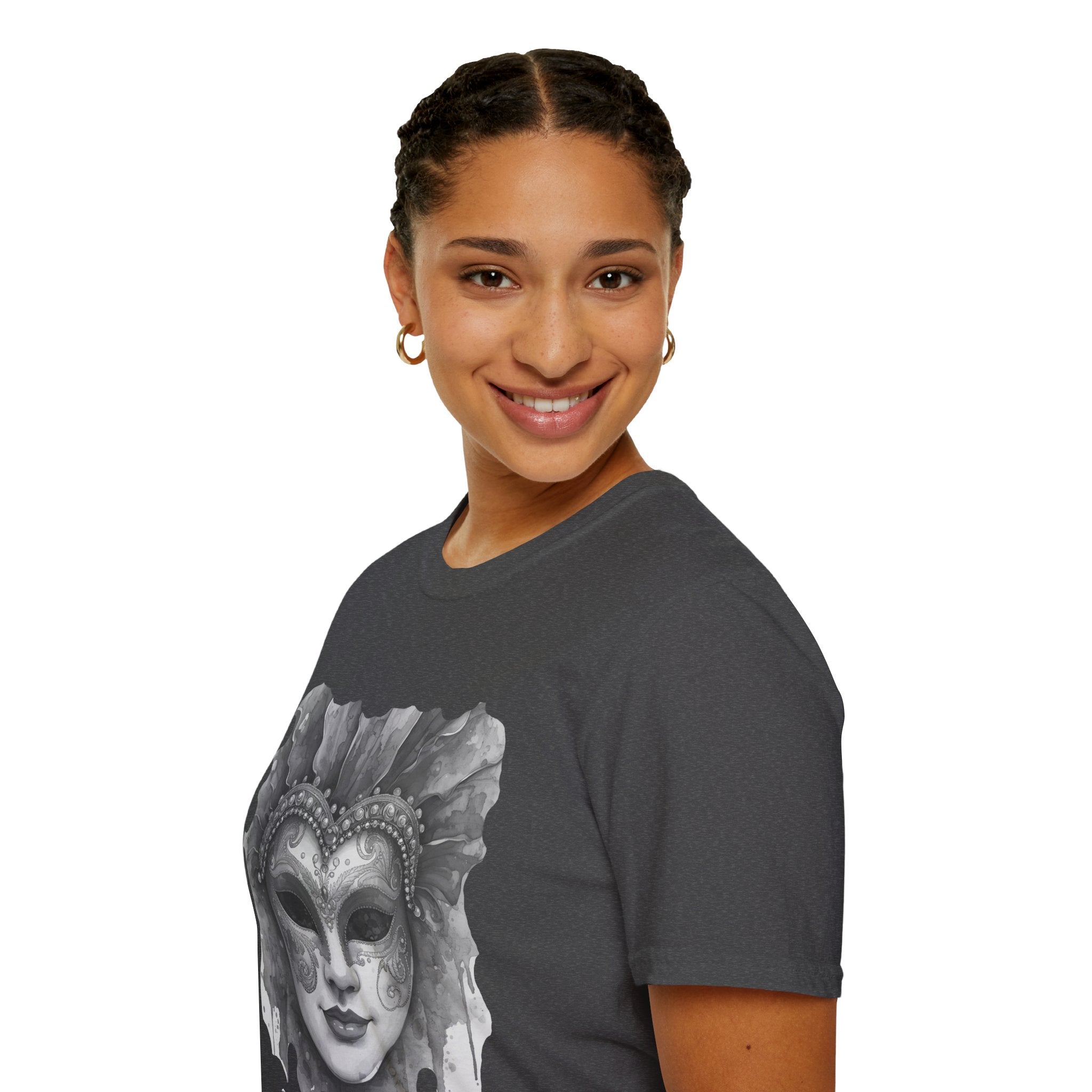 Charcoal face mask graphic t-shirt on model, grey watercolor-style masquerade design front