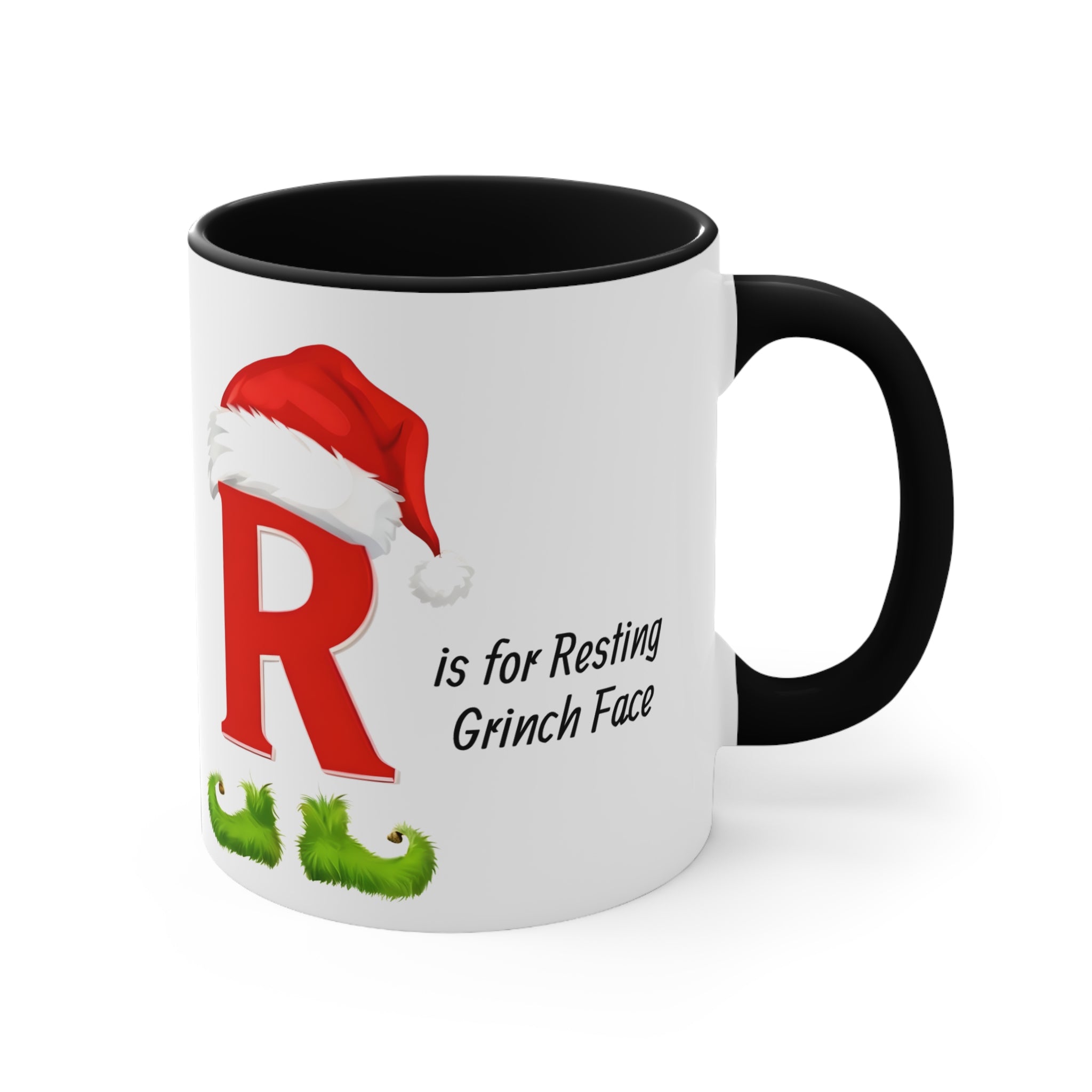 'is for Resting Grinch Face' mug with black handle and red letter R holiday graphic