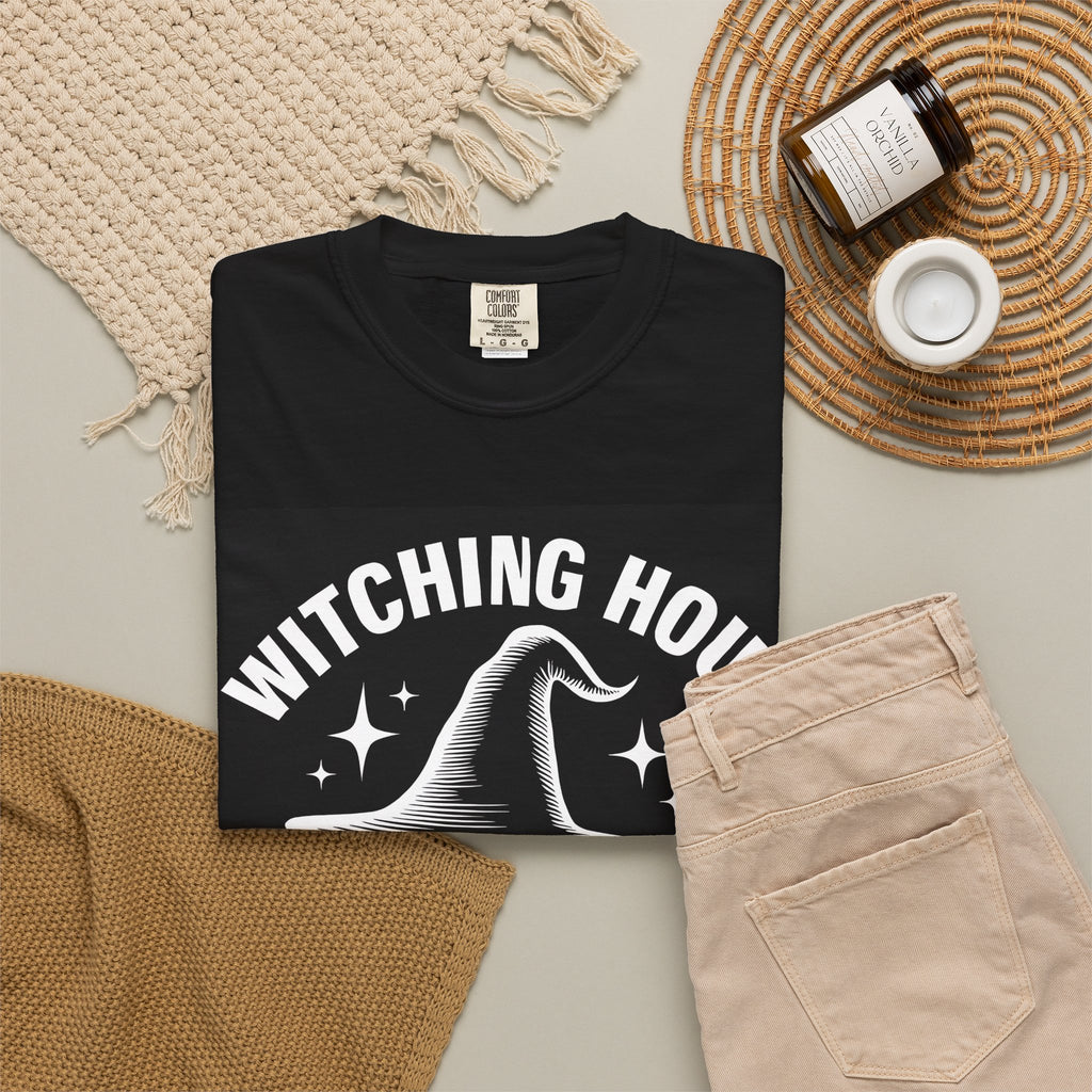 Black crew-neck T-shirt with witch-hat wine club logo on the front