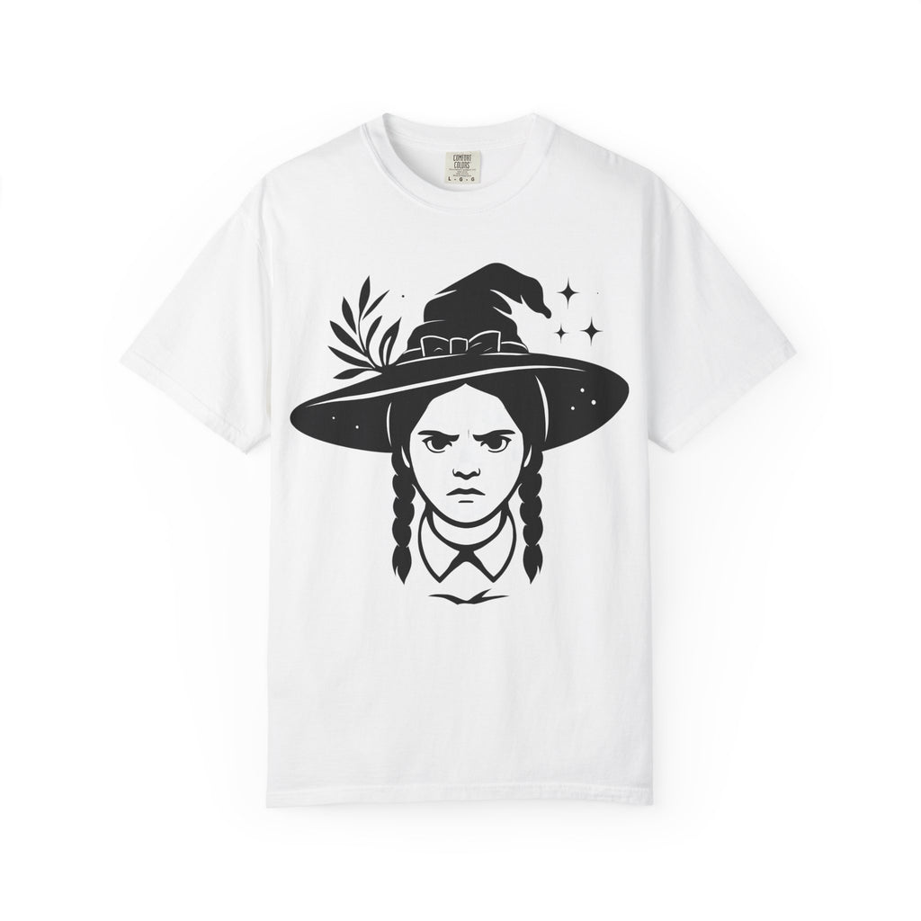 White witch graphic T-shirt with wide-brim hat and facial portrait