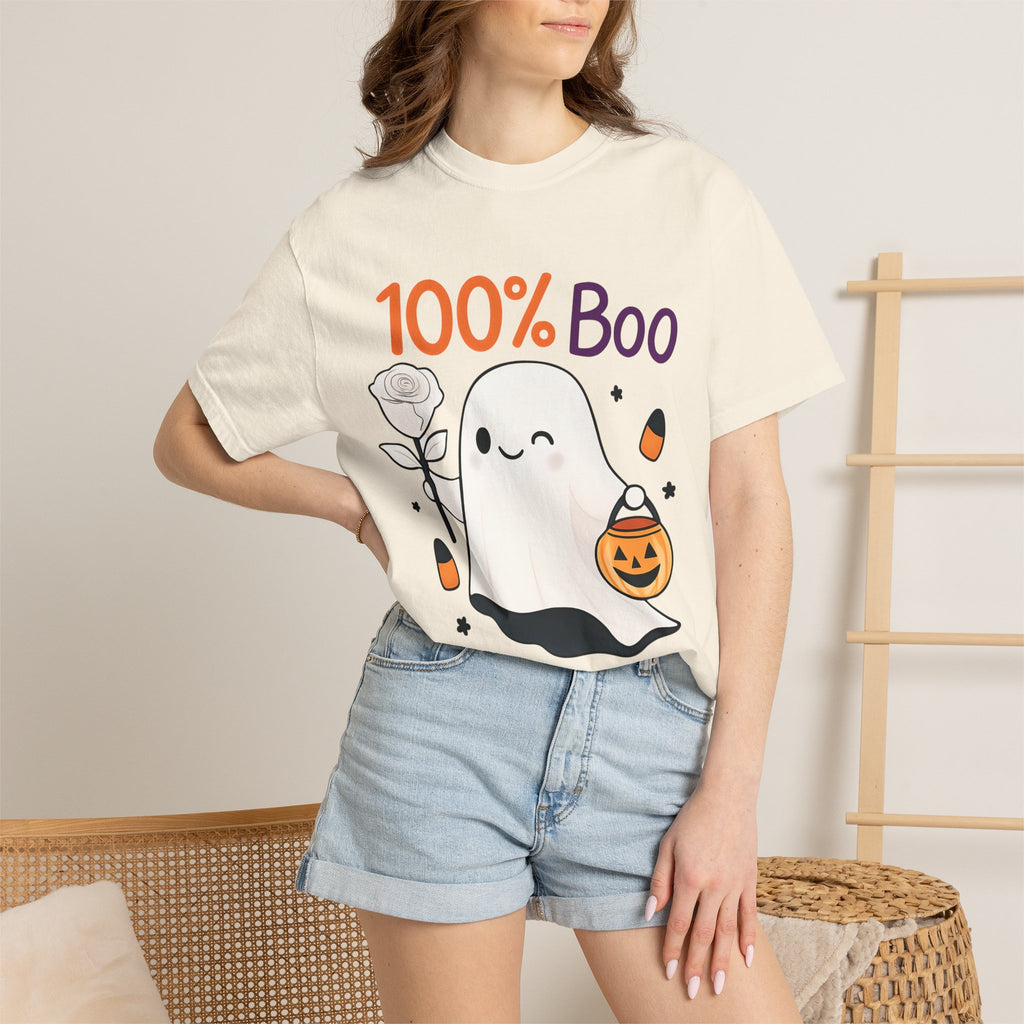 Ivory Halloween graphic t-shirt worn by model, “100% Boo” ghost and pumpkin