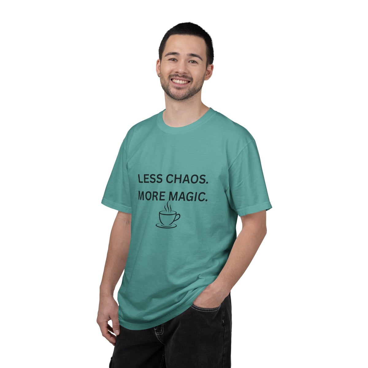 Less Chaos, More Magic T-Shirt — Cozy Coffee Cup Graphic Tee