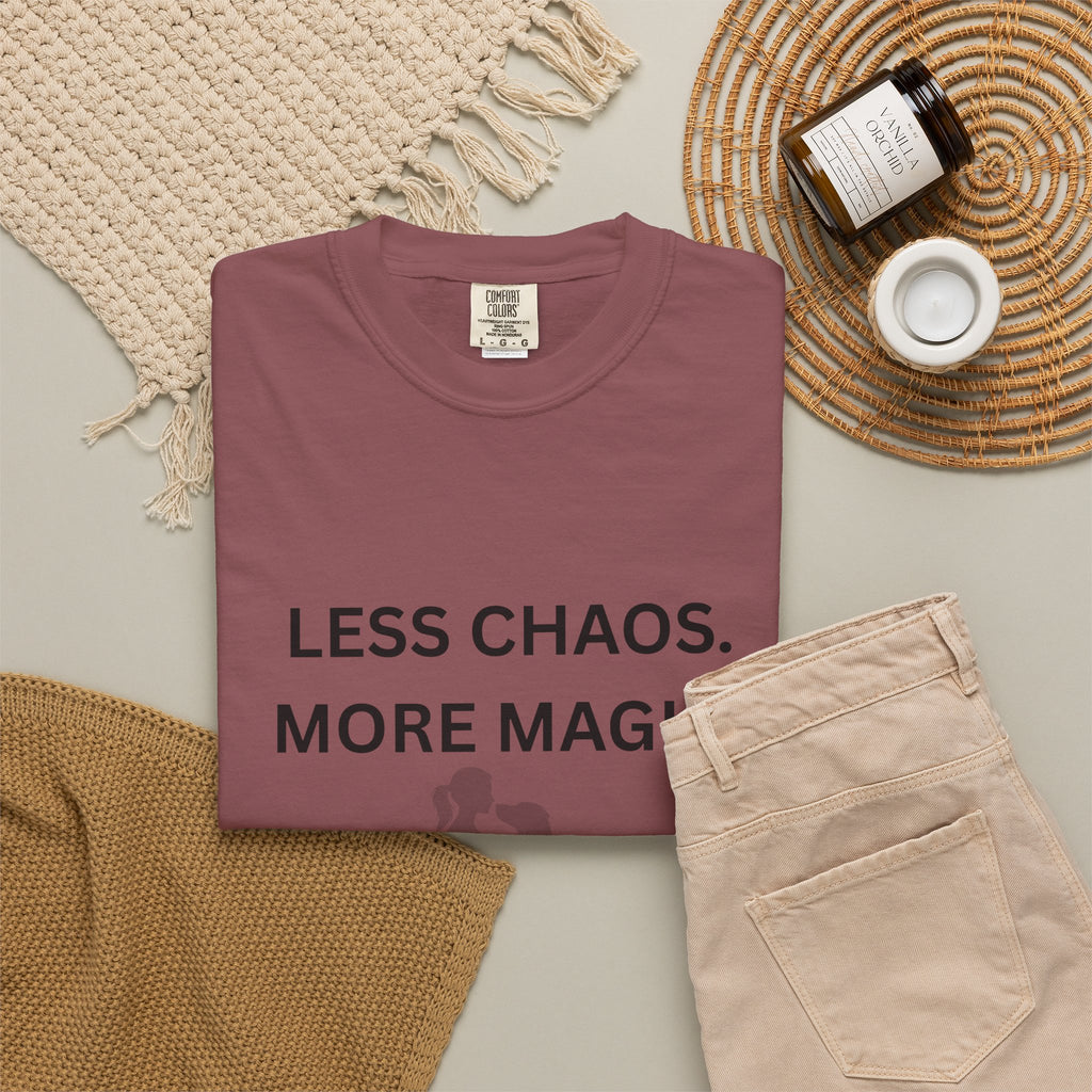 Less Chaos, More Magic T-Shirt — Woman + Dog Silhouette Graphic Tee