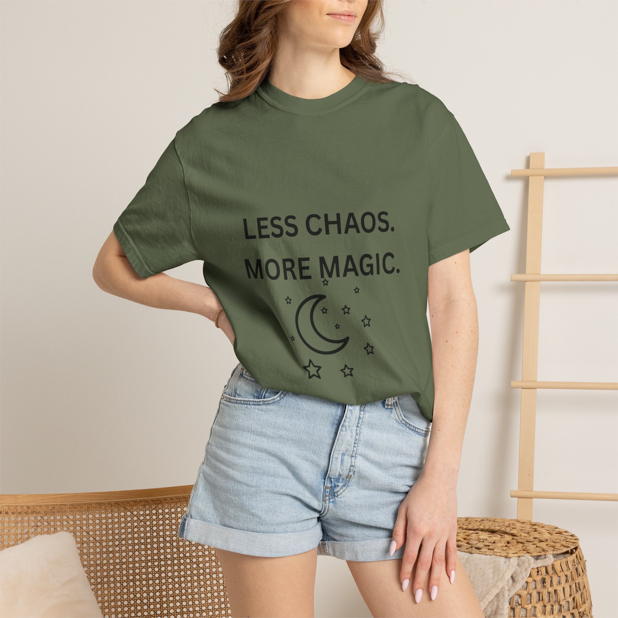 Less Chaos, More Magic T-Shirt — Crescent Moon + Stars Graphic Tee
