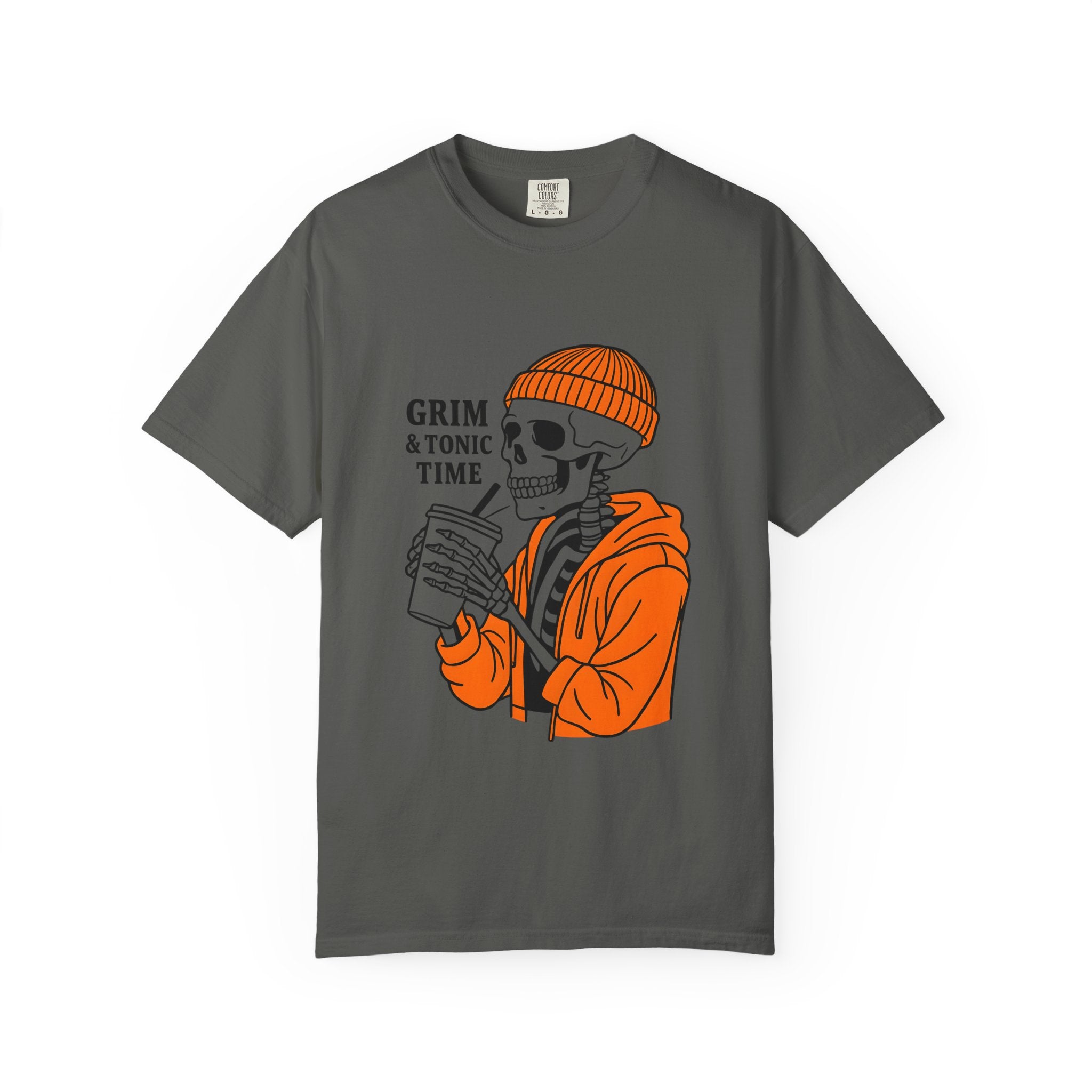Dark gray graphic tee with Grim & Tonic Time skull in orange jacket holding a drink