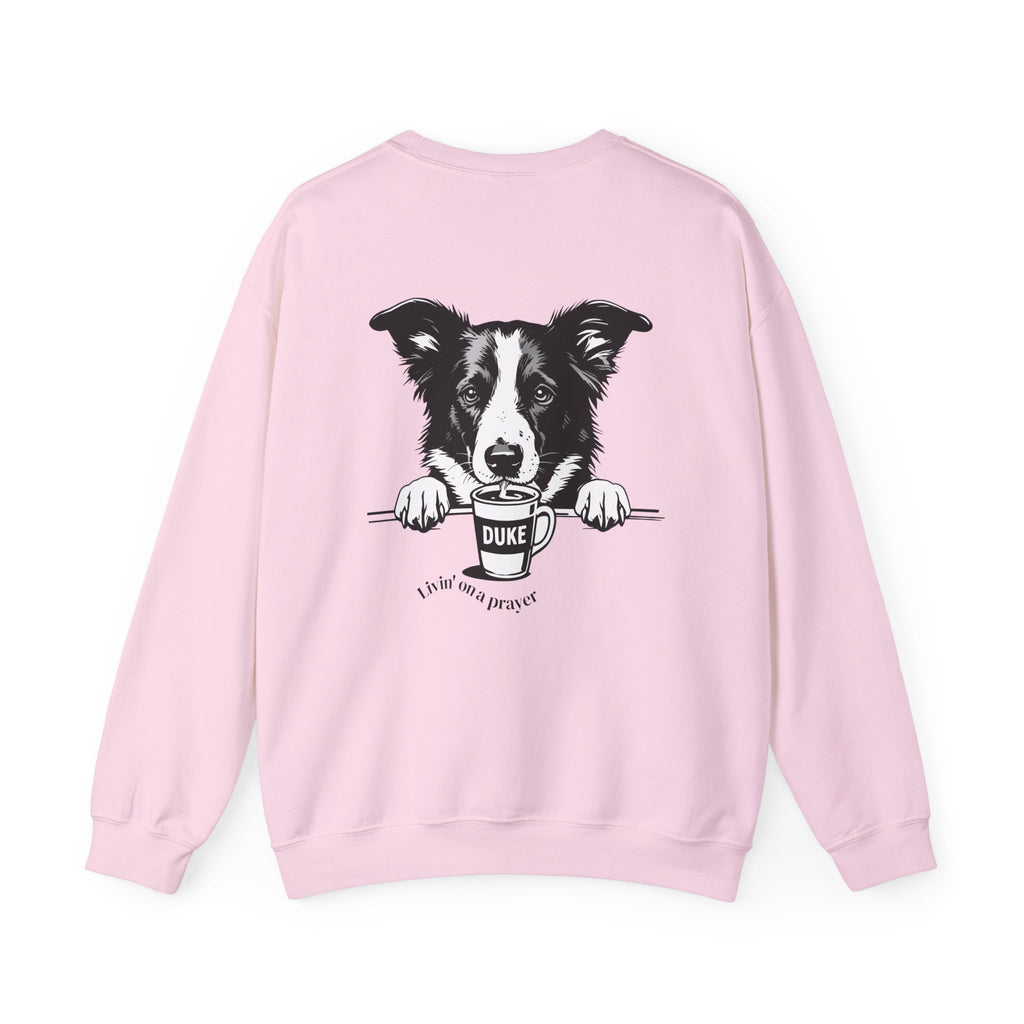 Unisex light pink sweatshirt with border collie back graphic and 'DUKE' patch