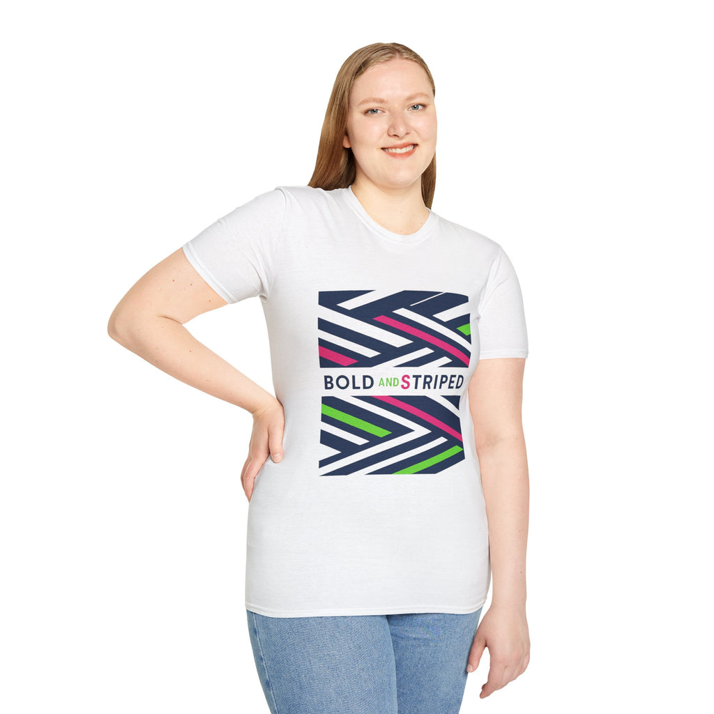 White unisex T-shirt with bold striped chest graphic print