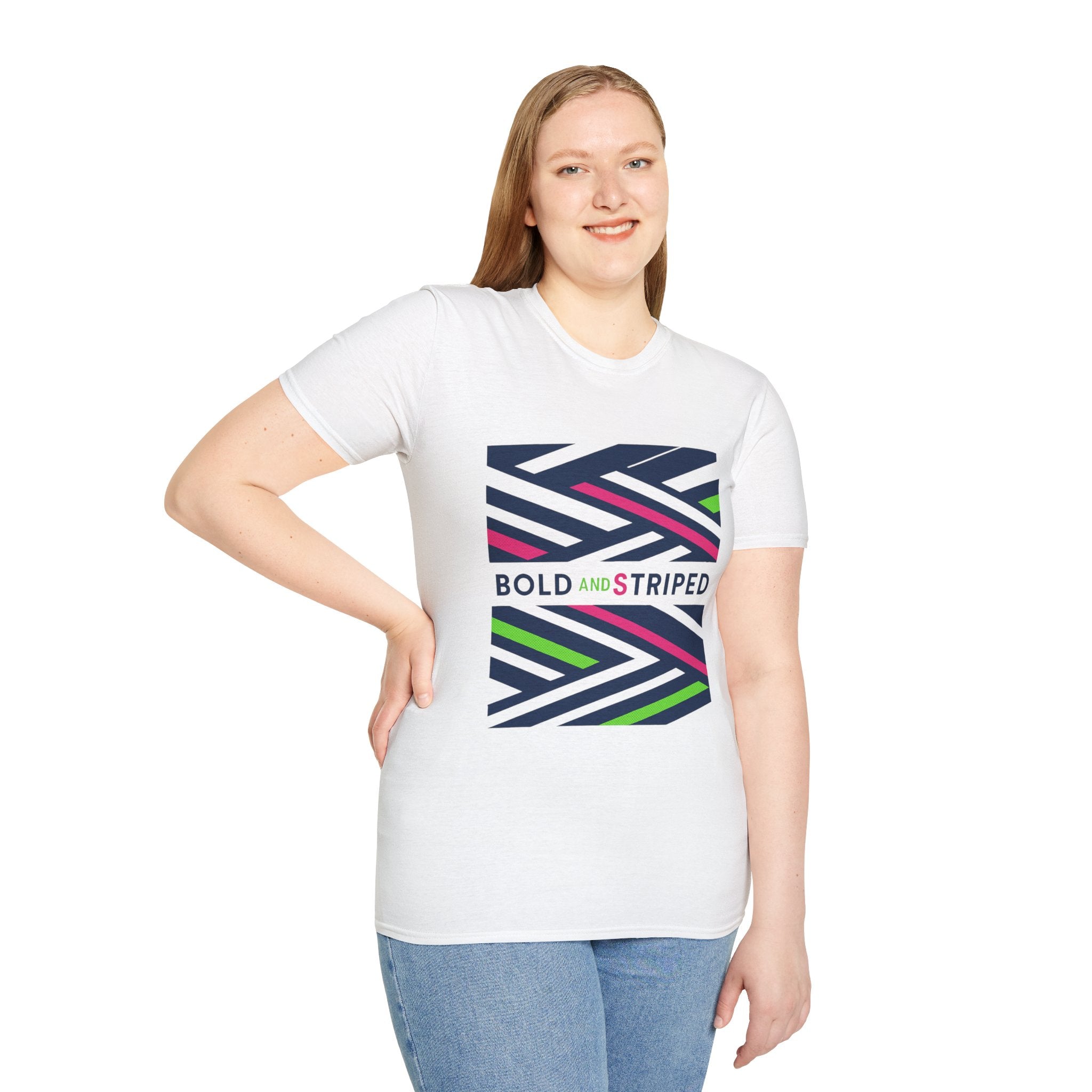 White unisex T-shirt with bold striped chest graphic print