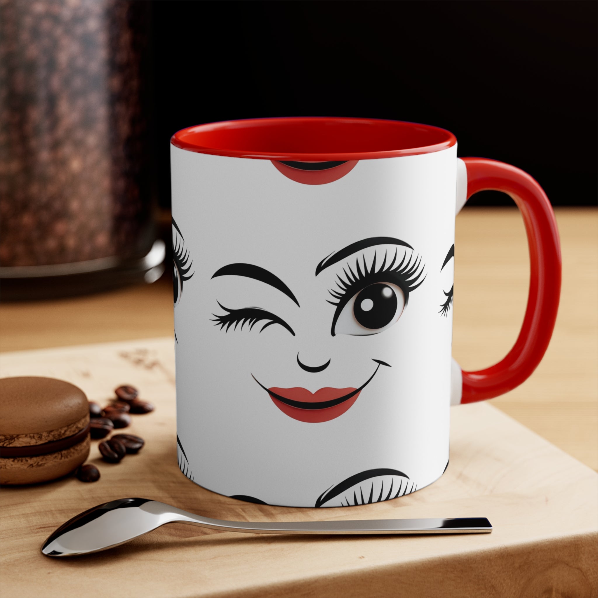 Red interior face outline accent mug with white body and red handle