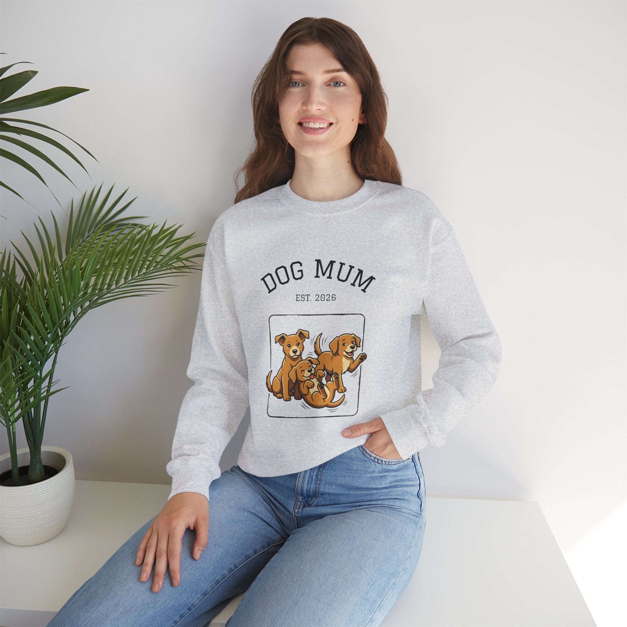 Ash gray dog mum crewneck sweatshirt with “DOG MUM” and dogs graphic on front