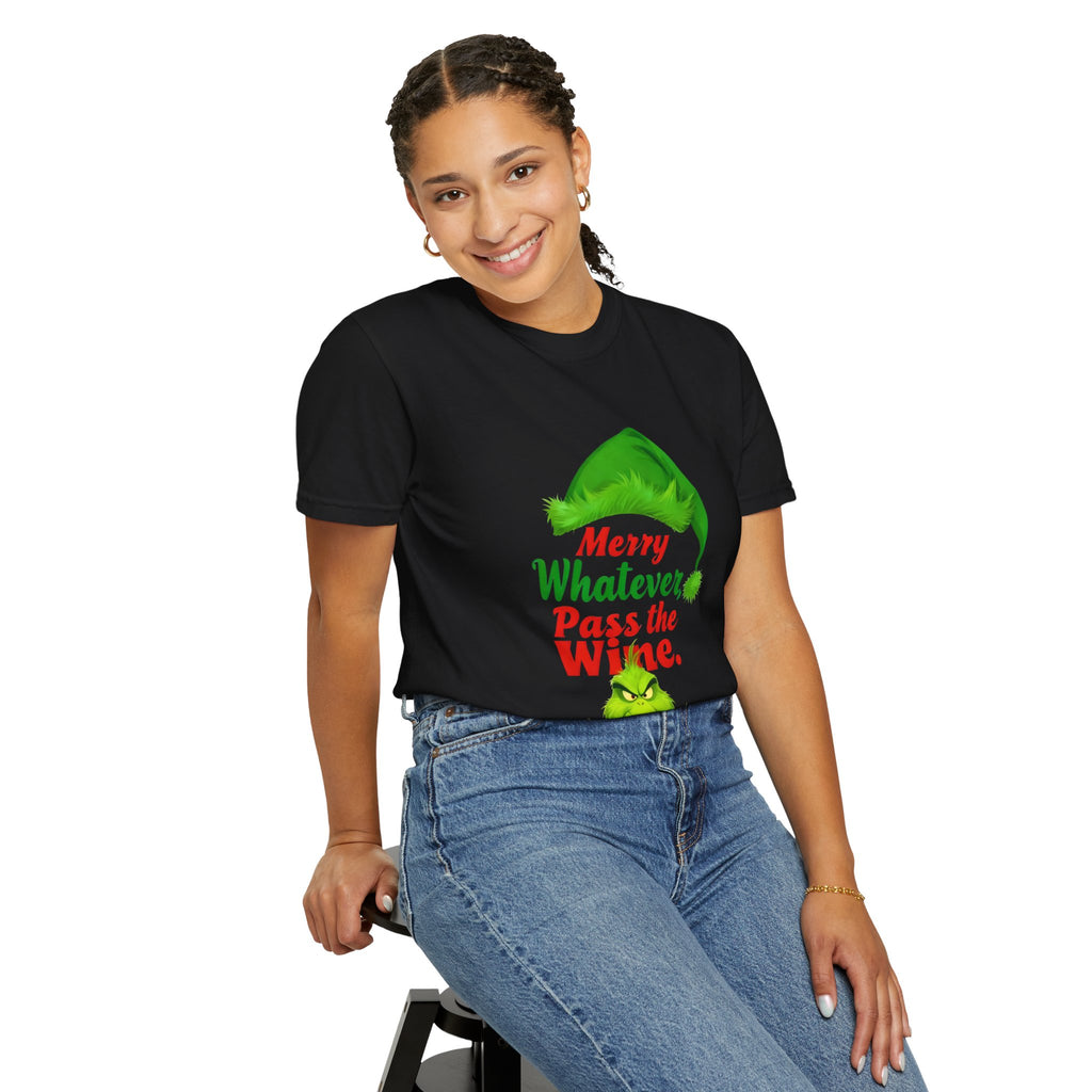 Black crew-neck T-shirt with green Santa hat 'Merry Whatever Pass the Wine' graphic
