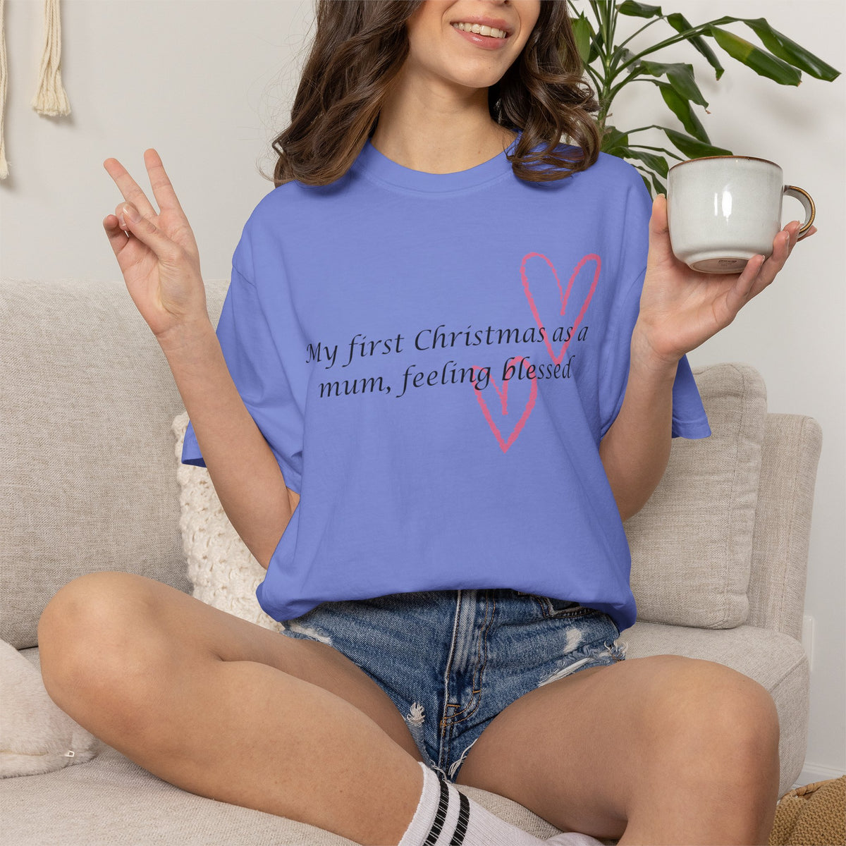 Blue Christmas mum T-shirt with pink heart graphic and 'My first Christmas as a mum' text