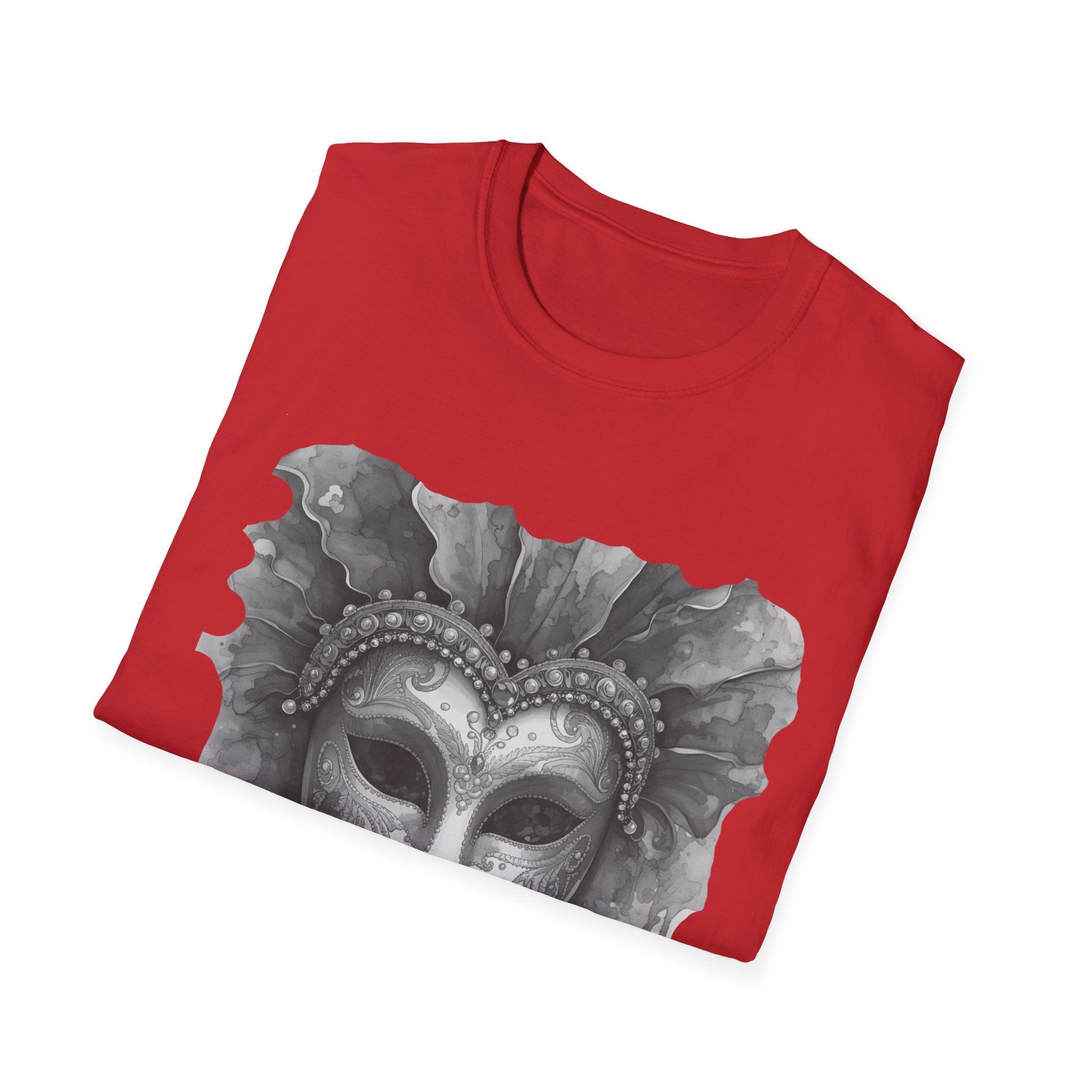 Red crewneck t-shirt with watercolor masquerade mask graphic in grayscale