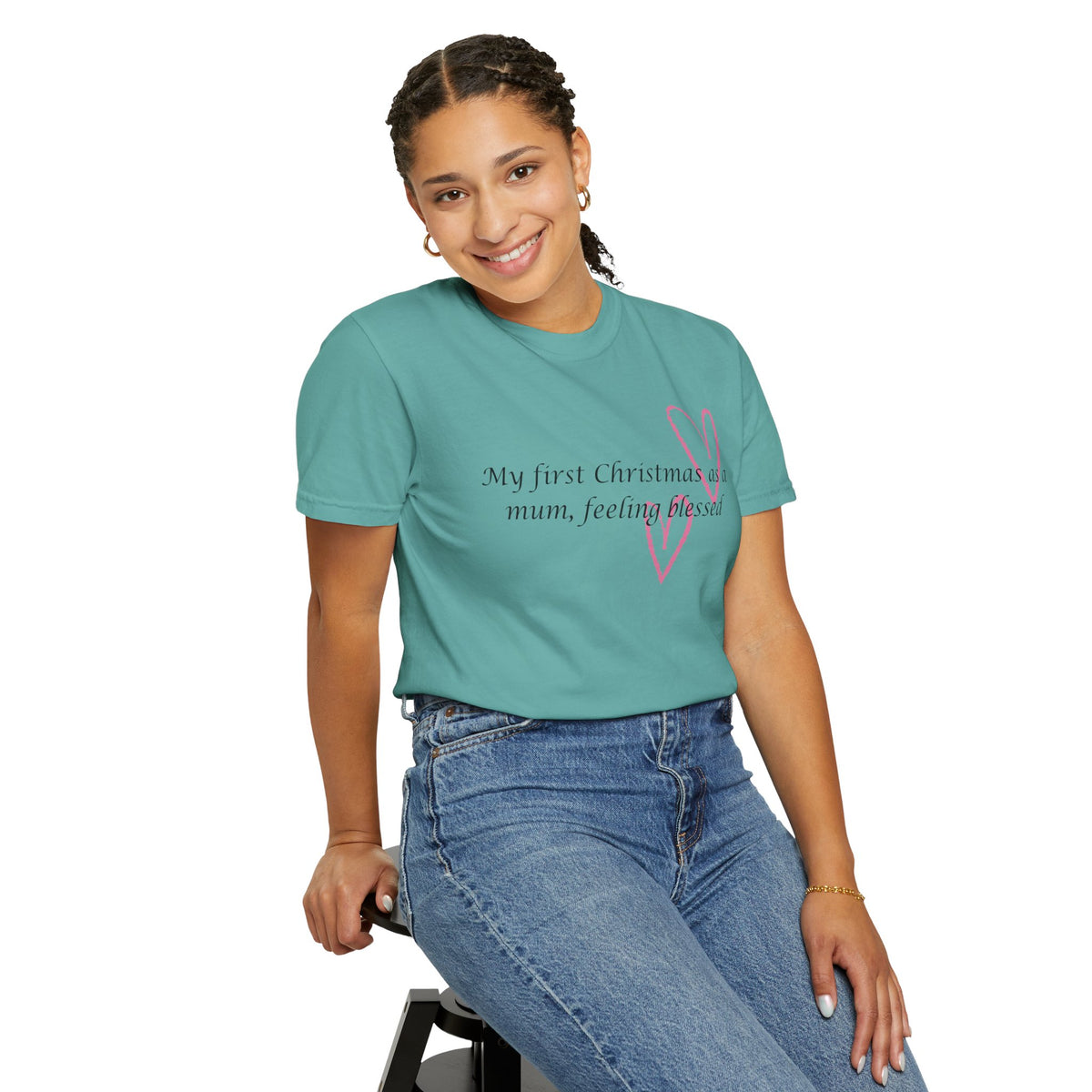 Turquoise Christmas mum t-shirt worn by model with pink heart graphic