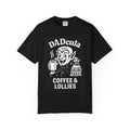 Black DADcula T-shirt with vampire graphic, holding coffee cup and lollies