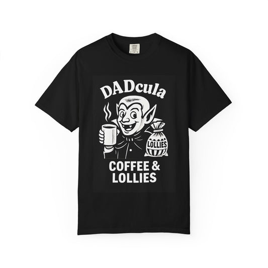 DADcula Coffee & Lollies T-Shirt - Funny Halloween Gift, Unisex Tee, Great for Dads, Coffee Lovers, Spooky Season