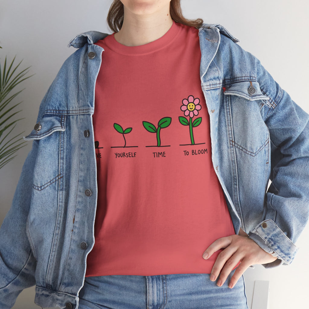 Coral T-shirt with sprout-and-flower growth graphic on chest, short sleeves