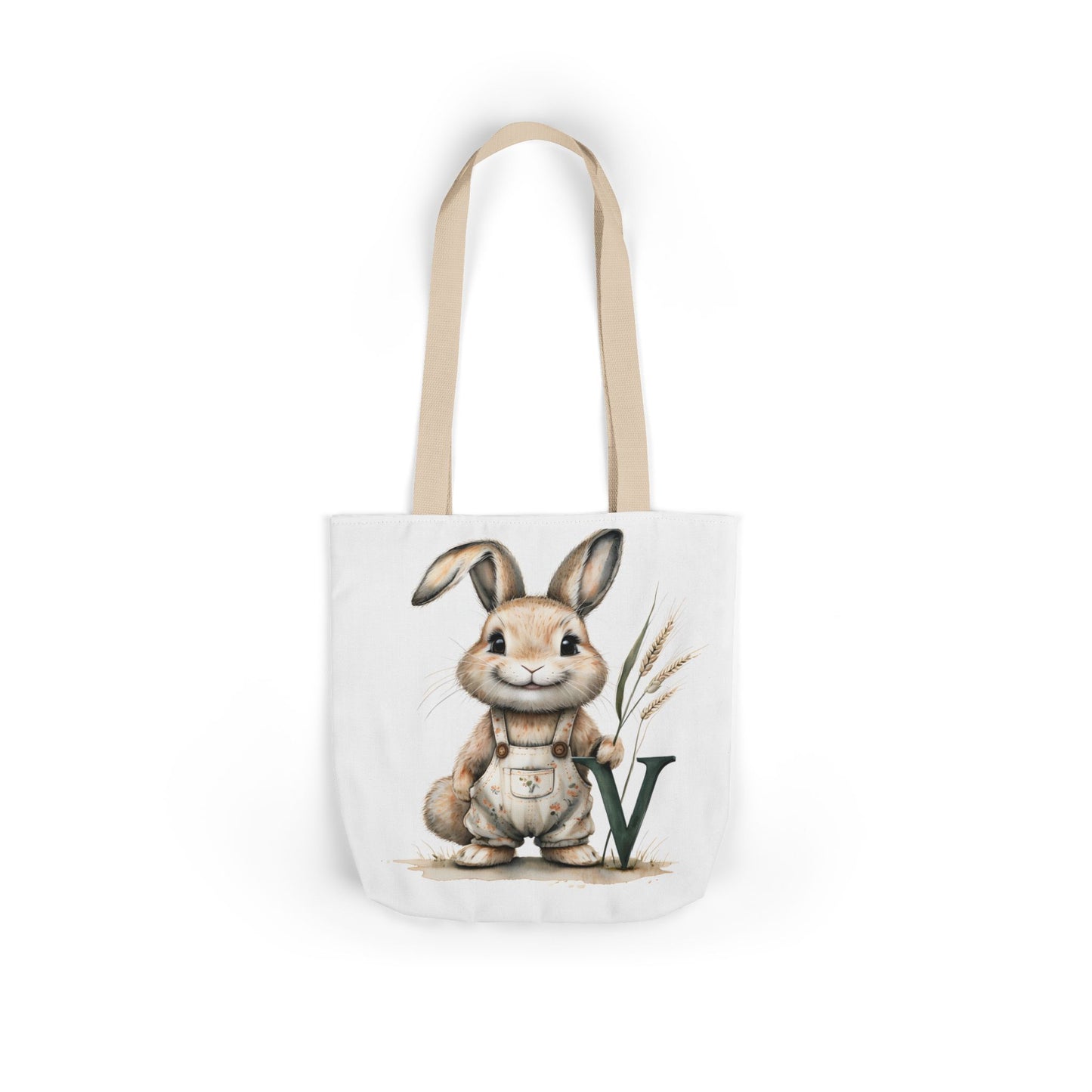 Cute Letter V Bunny Canvas Tote Bag with 5-Color Straps, Easter Gift, Eco-Friendly Shopping Bag, Reusable Grocery Tote