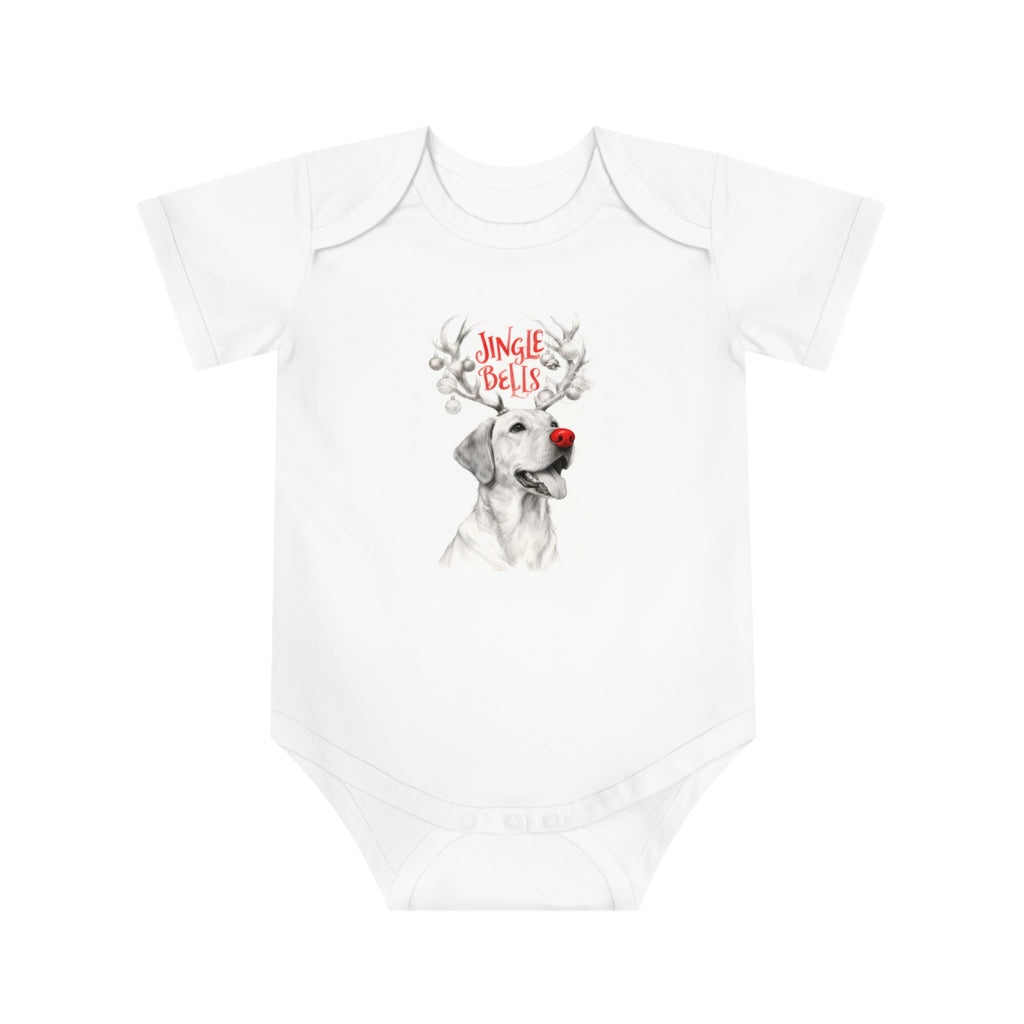 White baby bodysuit with 'Jingle Bells' reindeer graphic, short sleeves