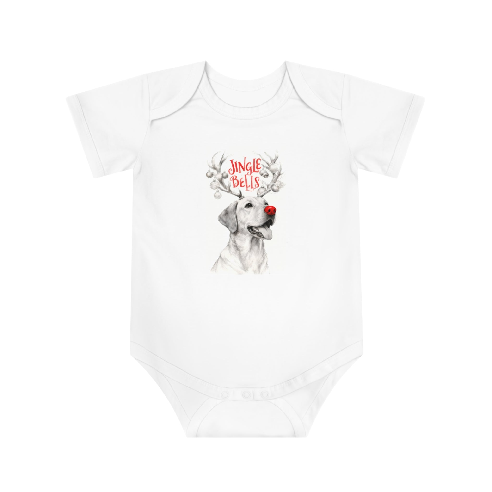 White short-sleeve baby bodysuit with 'Jingle Bells' reindeer dog front graphic