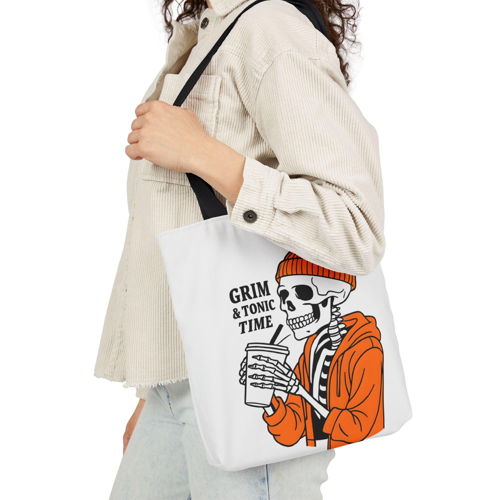 Canvas tote bag, white with black handles; Grim & Tonic Time skeleton in orange coat