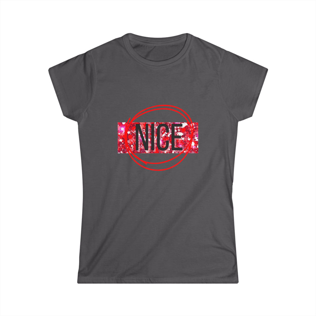 Women's graphic tee, dark gray with 'Nice' holiday lettering inside red circle