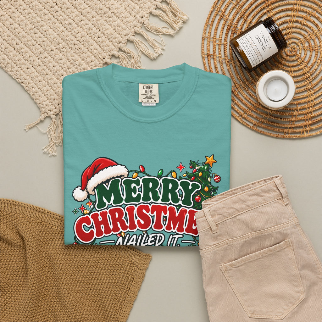 Teal crewneck Christmas graphic T-shirt with 'Merry Christmas' front print
