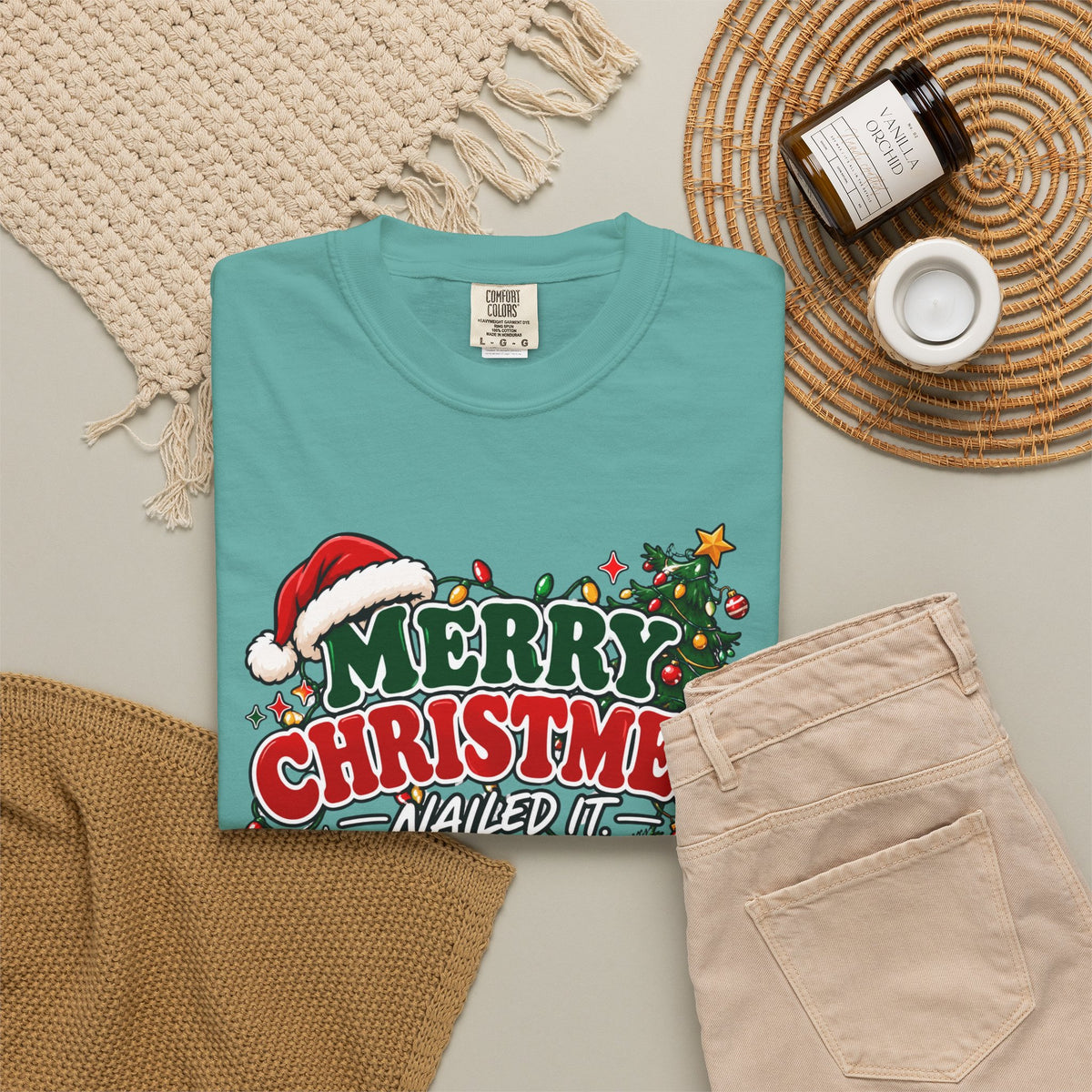 Teal crewneck Christmas graphic T-shirt with 'Merry Christmas' front print