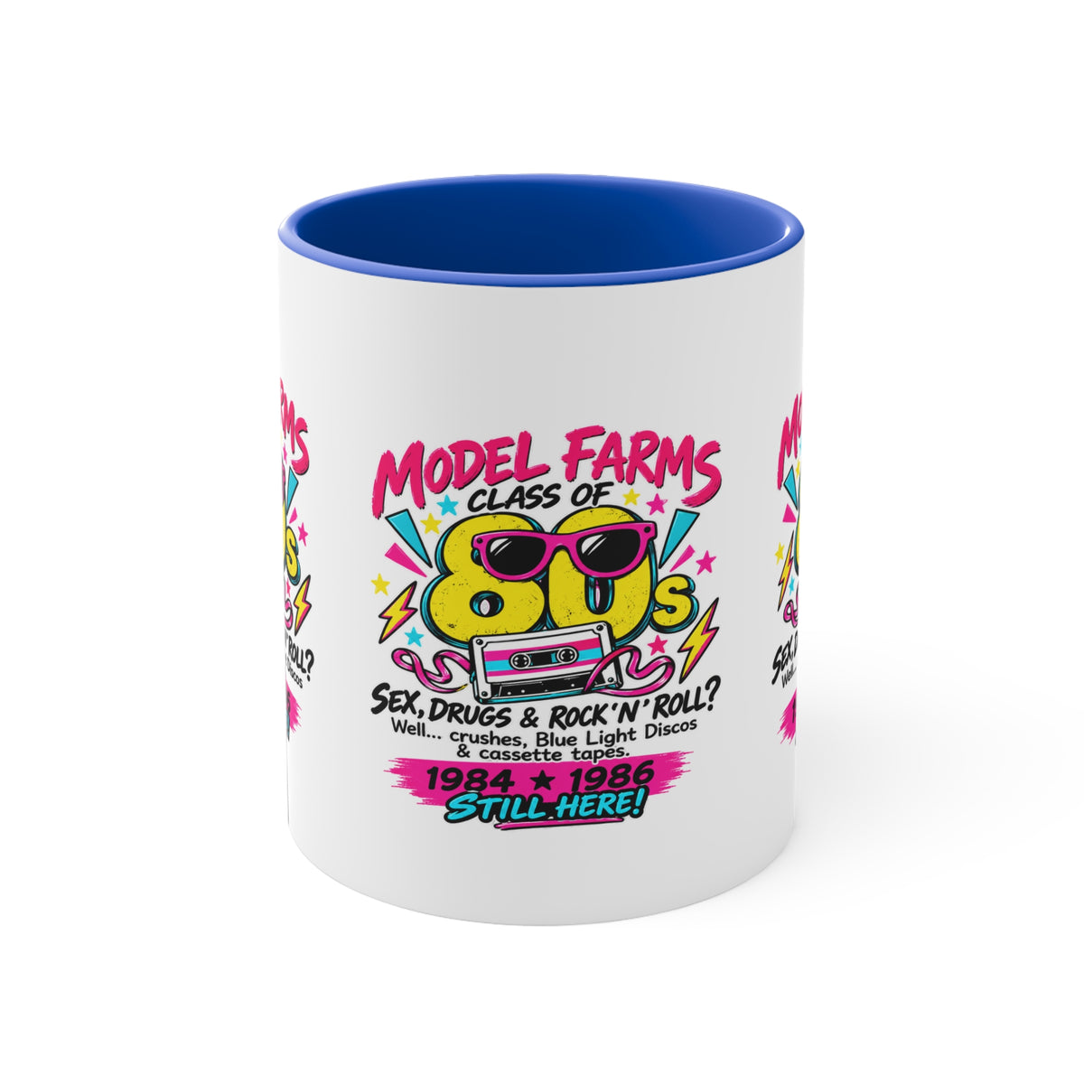 Blue interior ceramic coffee mug with colorful retro farm-and-cassette graphic