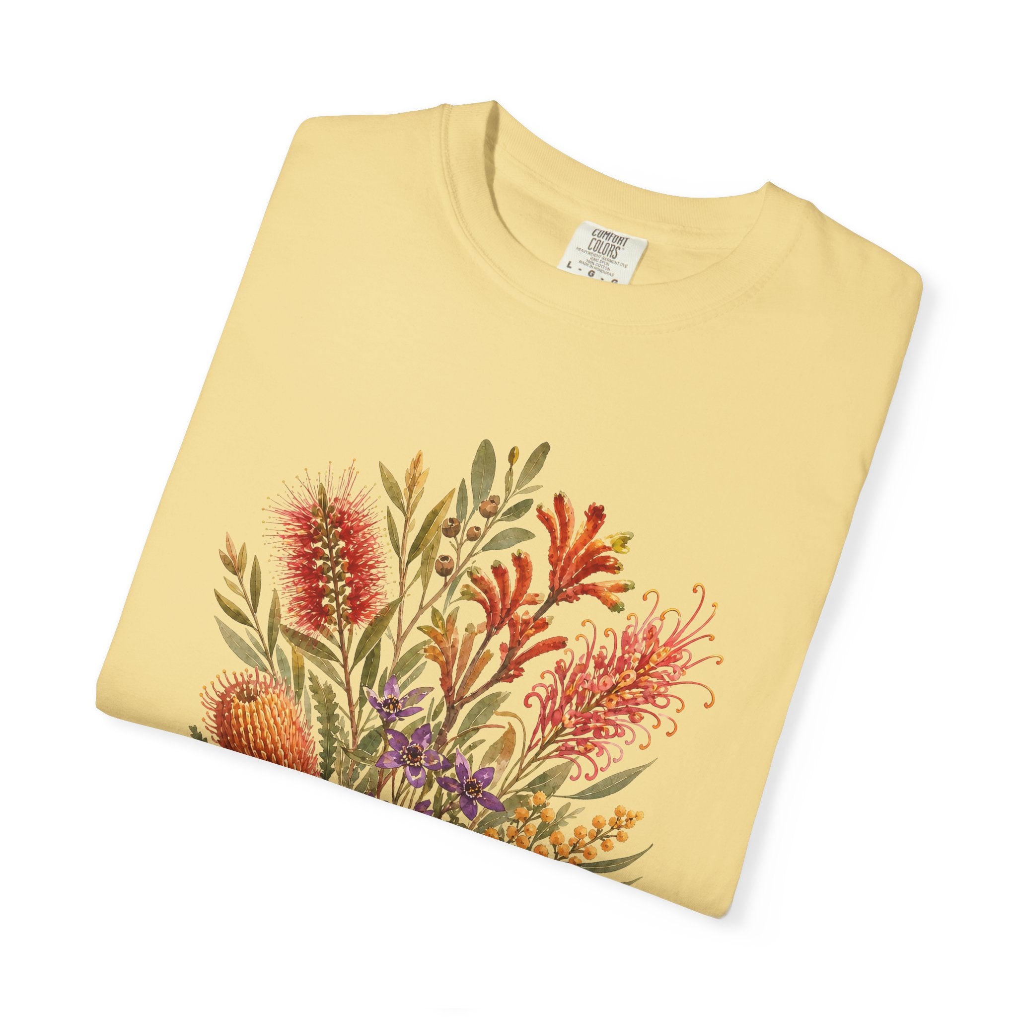 Butter yellow floral bouquet graphic t-shirt with “Bloom Gently” text on the chest.