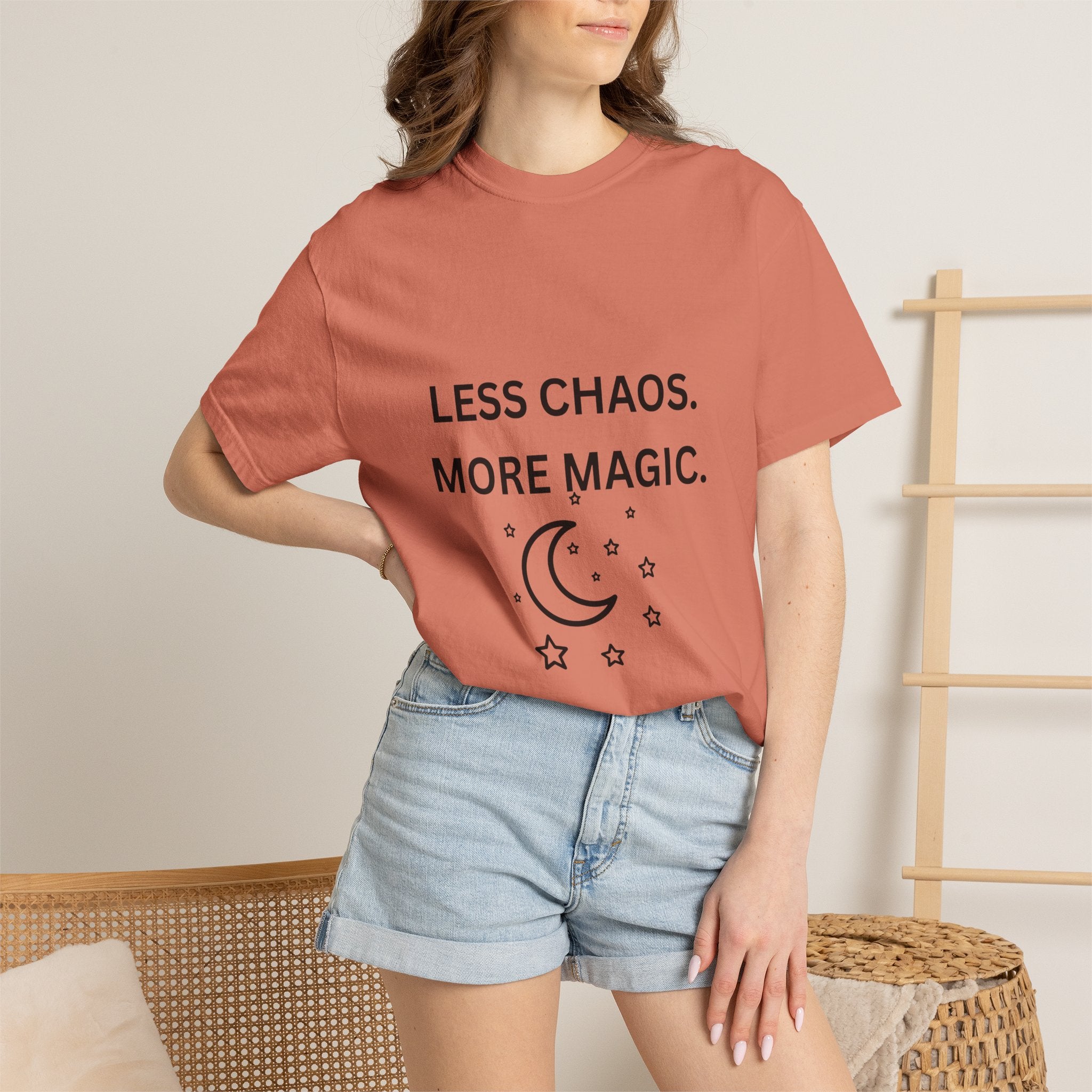 Less Chaos, More Magic T-Shirt — Crescent Moon + Stars Graphic Tee