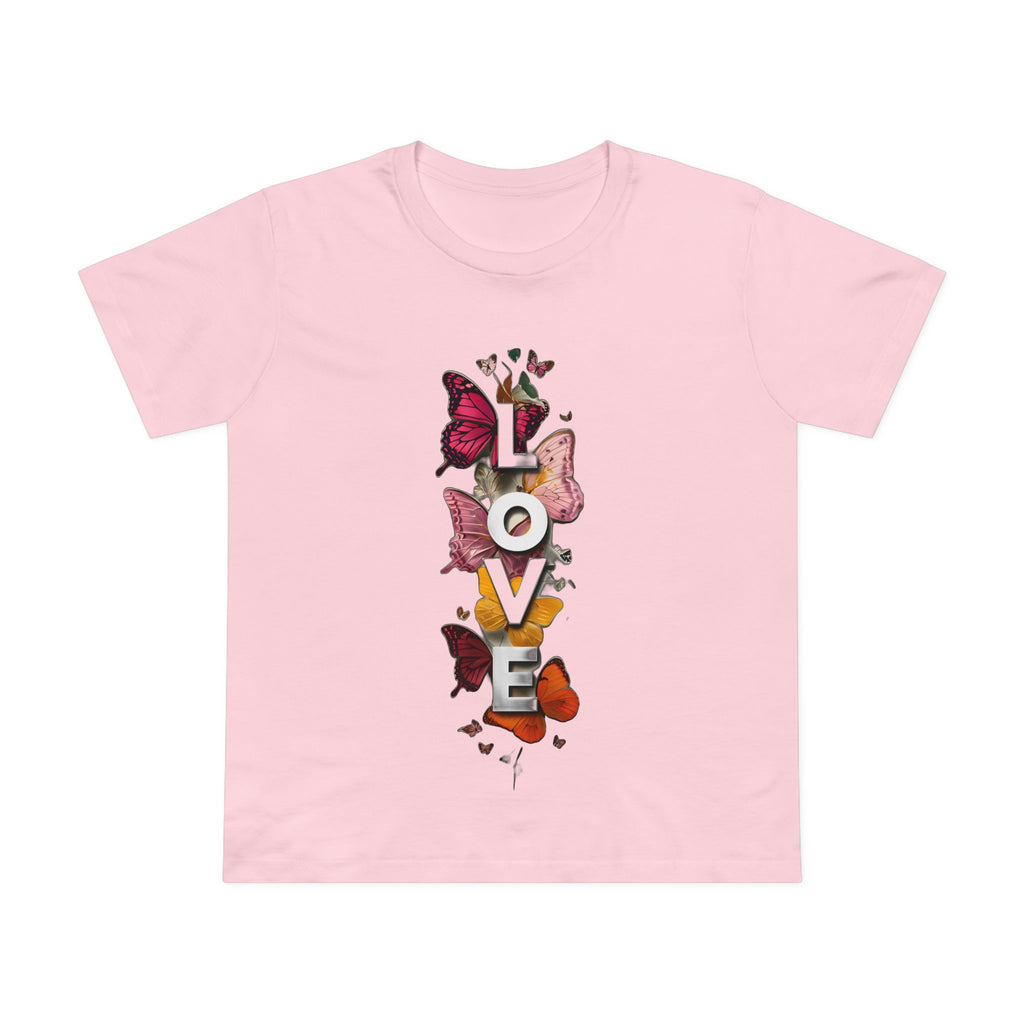 Pink women's graphic tee with centered LOVE letters and butterfly artwork.